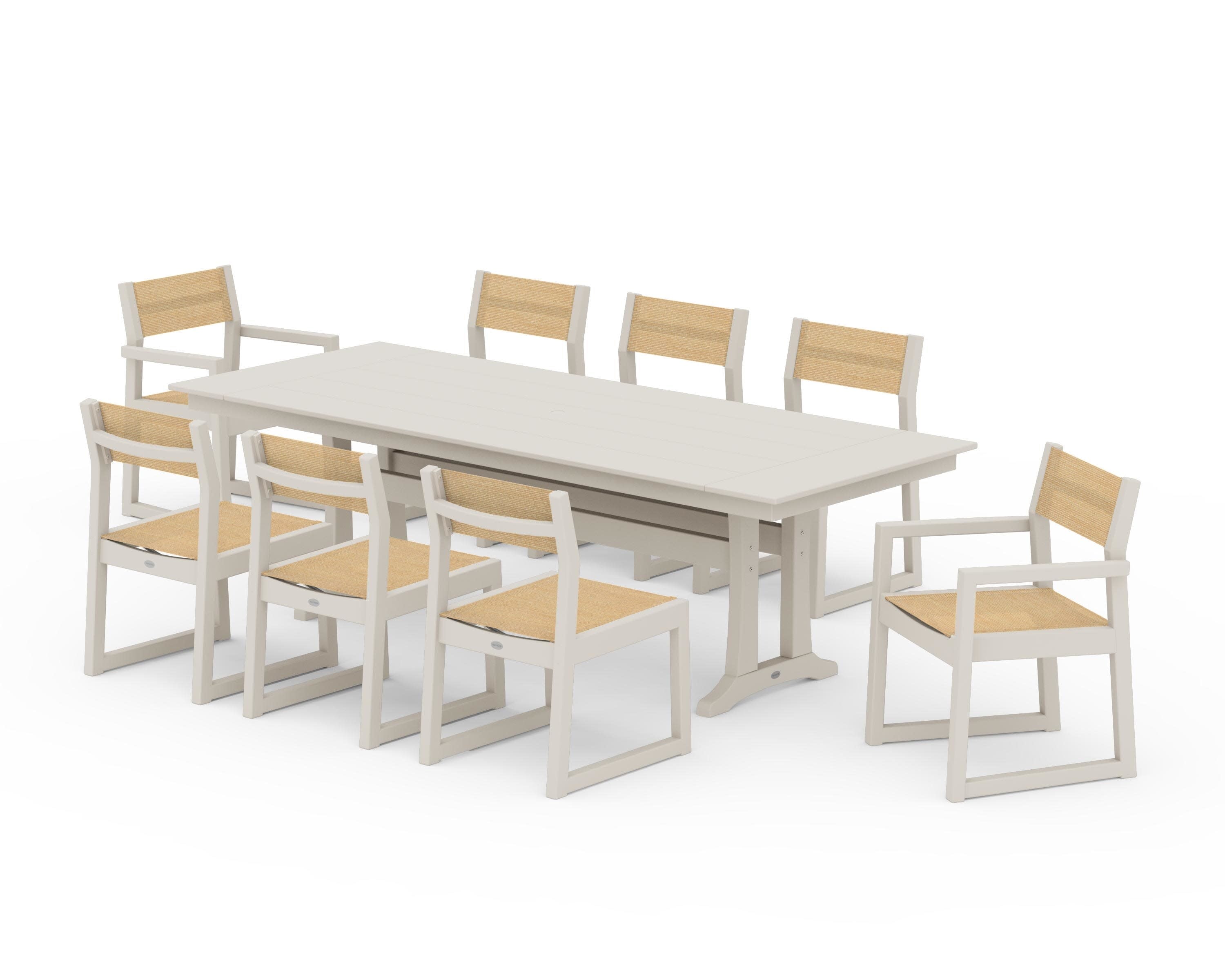EDGE Sling 9-Piece Farmhouse Trestle Dining Set in Sand / Dupioni Apricot Sling