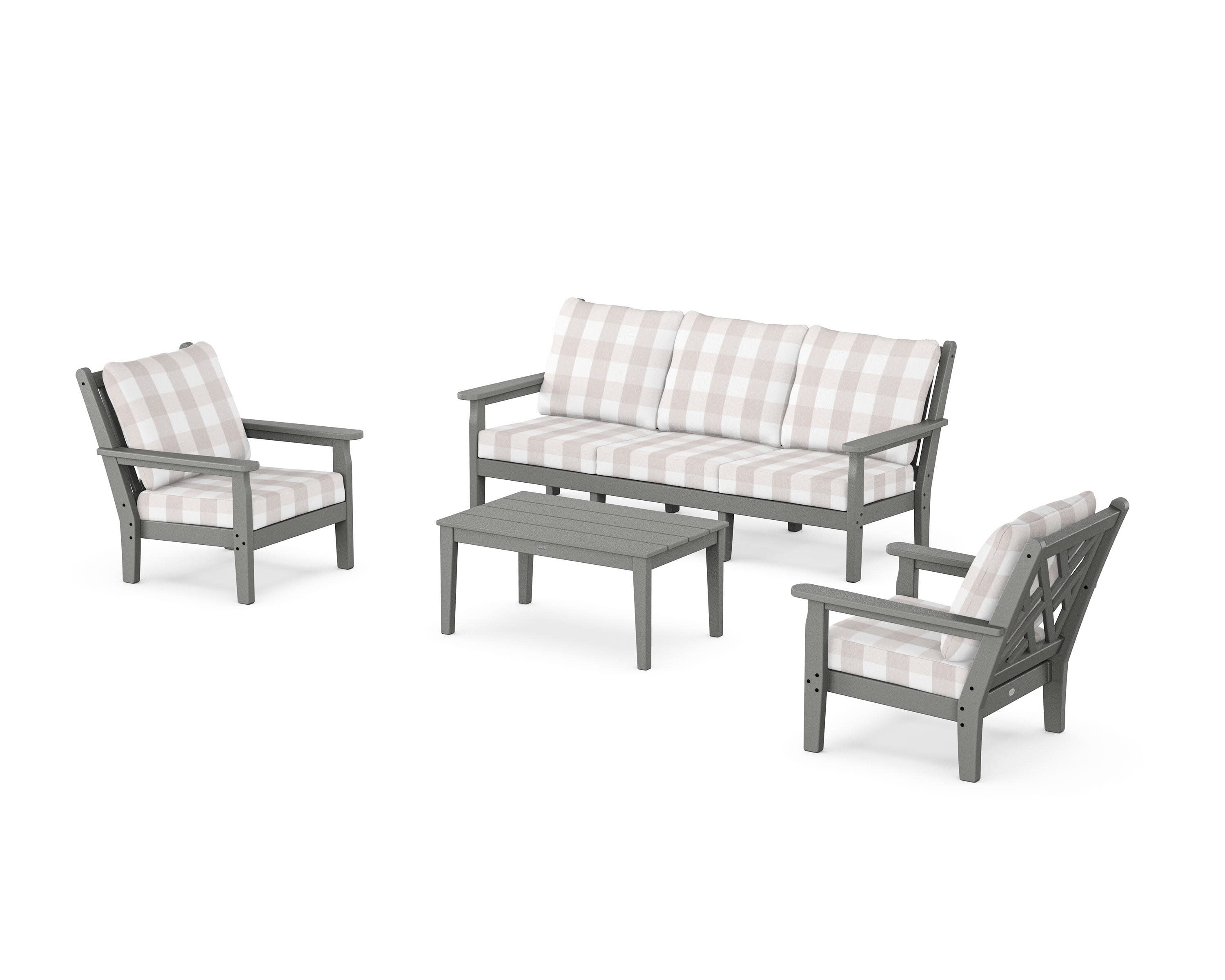 Chippendale 4-Piece Deep Seating Set with Sofa in Slate Grey / Buffalo Plaid Dune Burlap