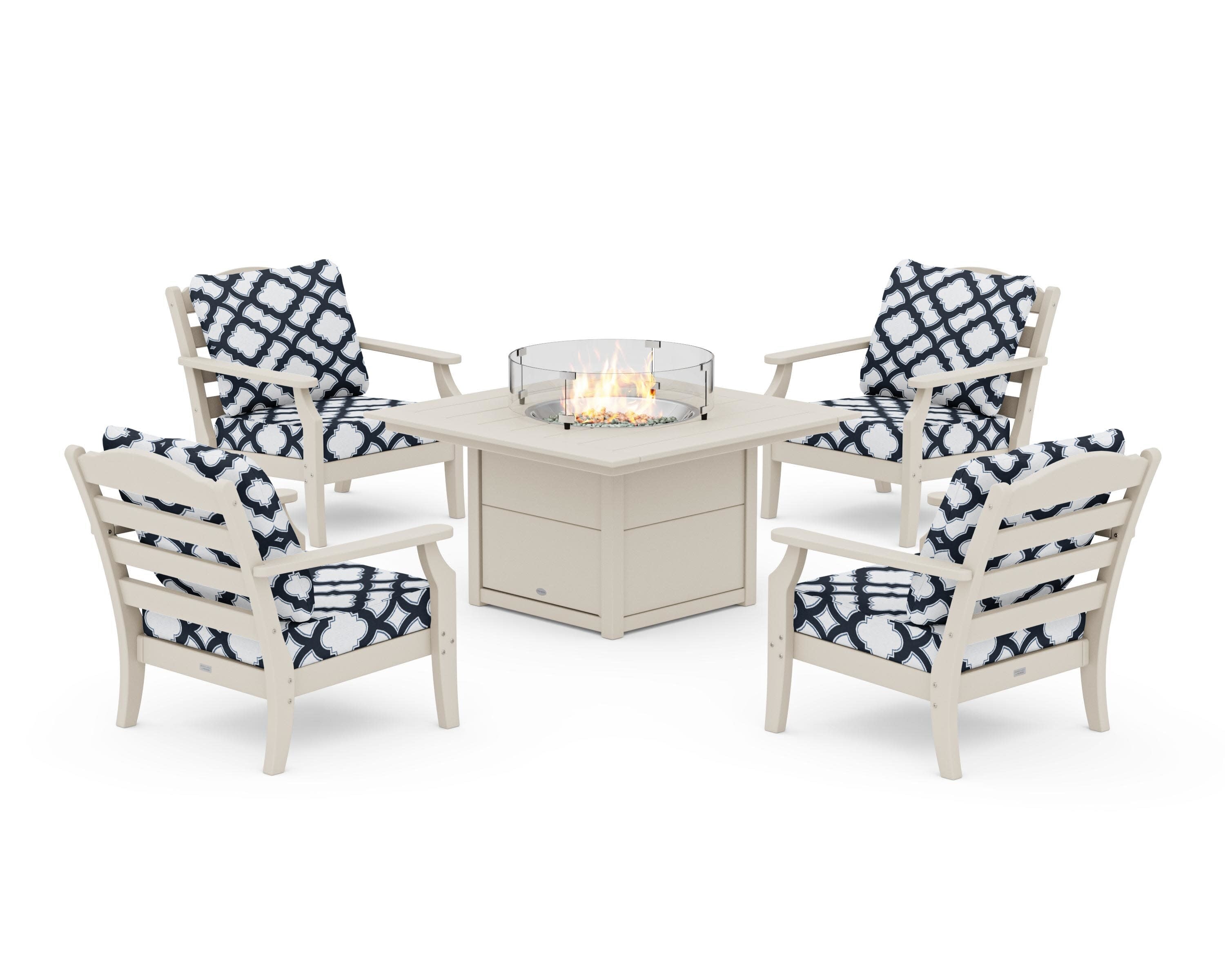 Savannah 5-Piece Deep Seating Set with Fire Pit Table in Sand / Trellis Marine Indigo