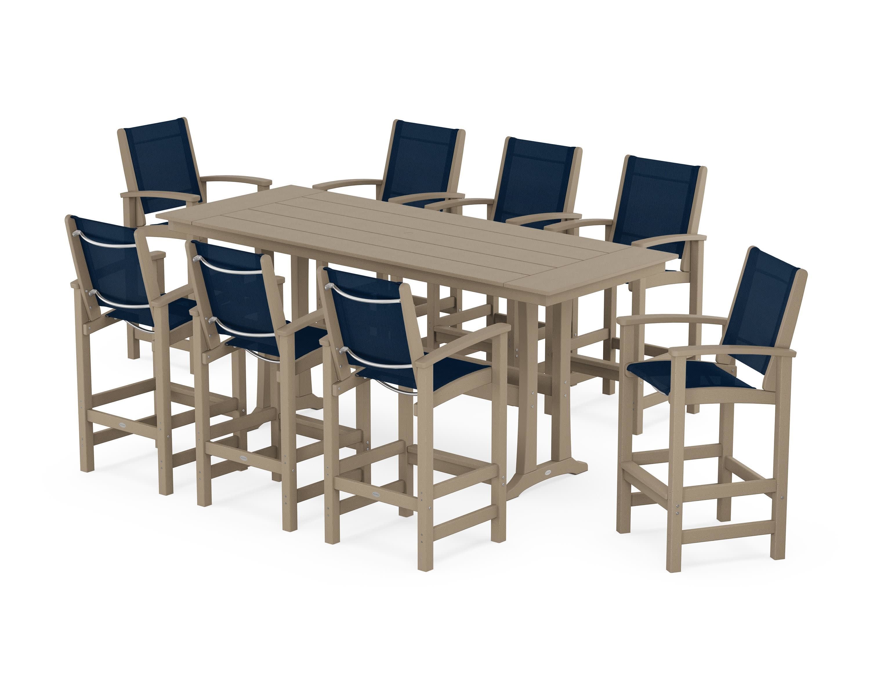 Coastal 9-Piece Farmhouse Bar Set with Trestle Legs in Vintage Sahara / Navy Blue Sling