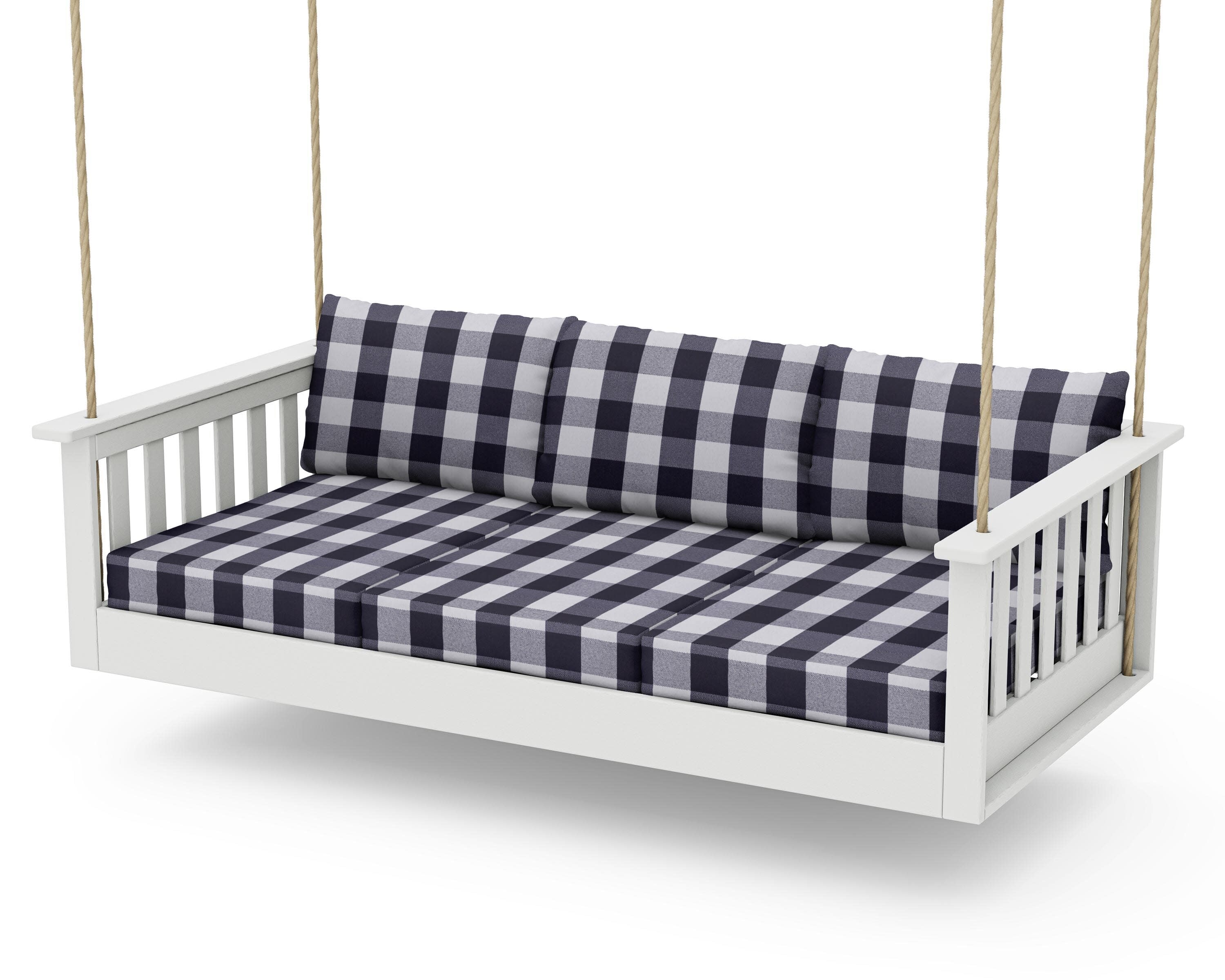 Vineyard Daybed Swing in Vintage White / Buffalo Plaid Navy