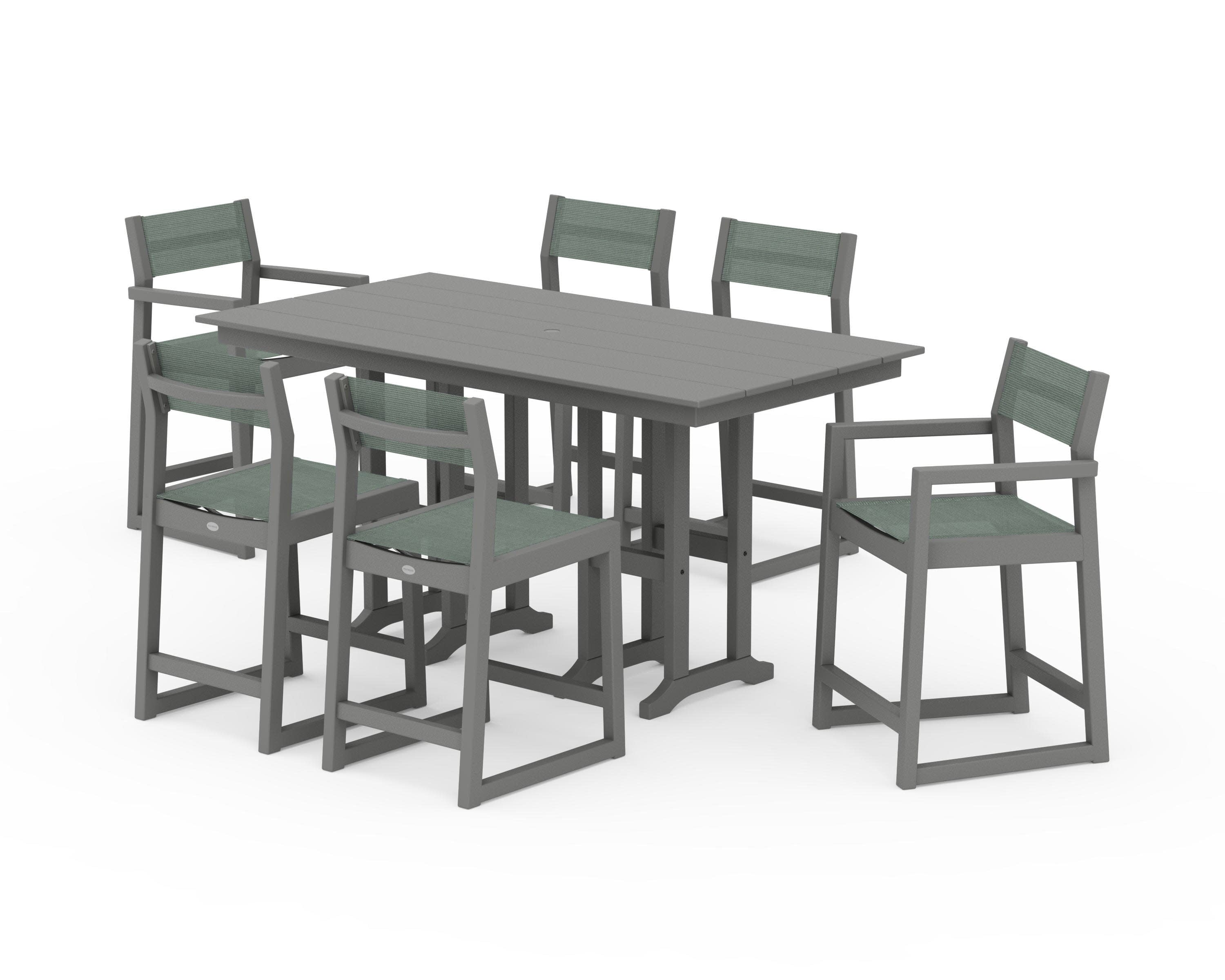 EDGE Sling 7-Piece Farmhouse Counter Set with Trestle Legs in Slate Grey / Dupioni Sea Mist Sling