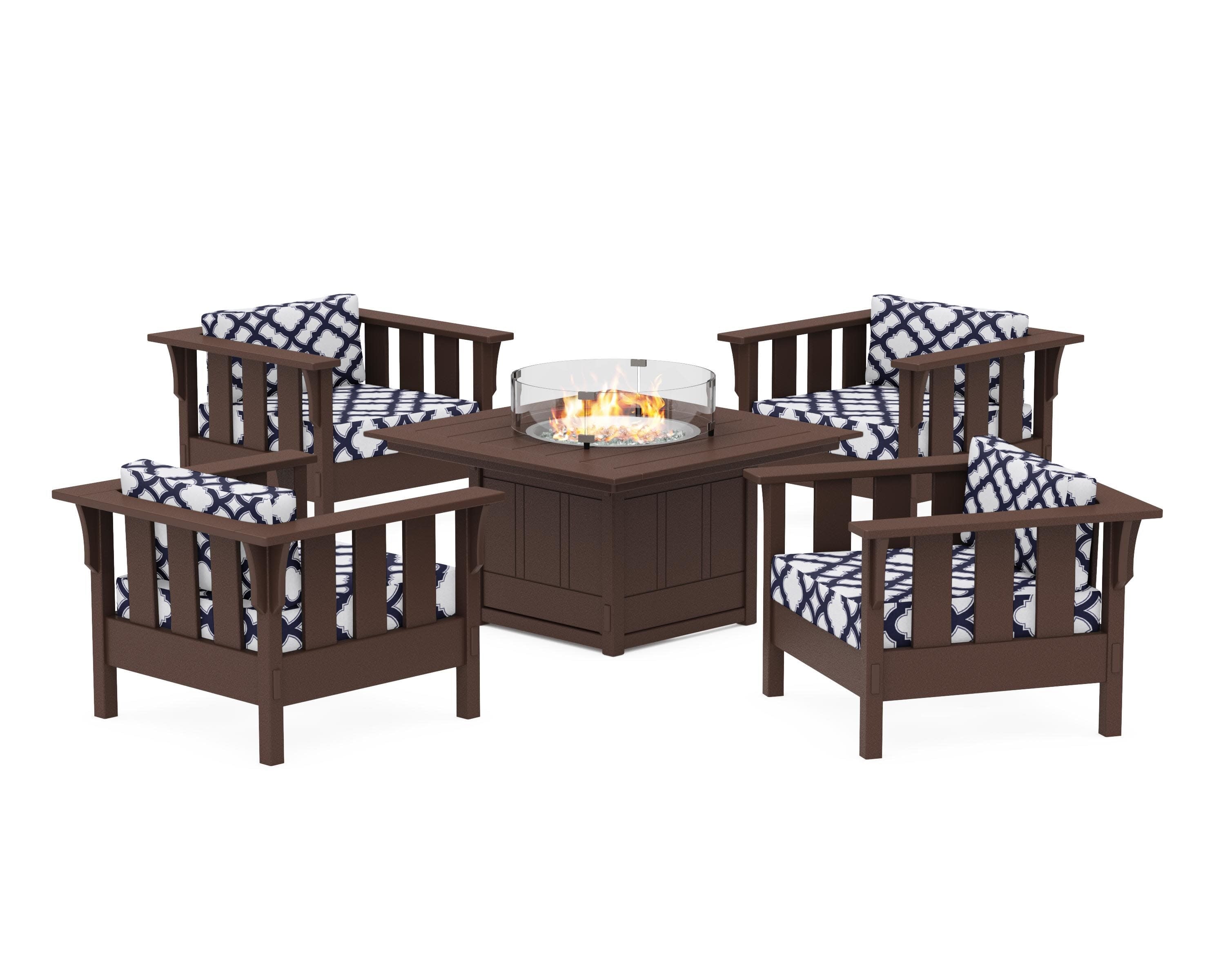Acadia 5-Piece Deep Seating Set with Fire Pit Table in Mahogany / Trellis Navy