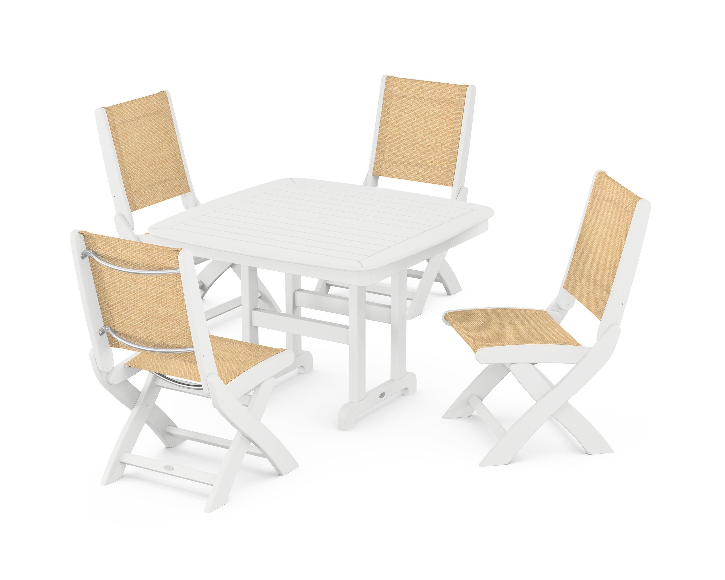 Coastal Folding Side Chair 5-Piece Dining Set in White / Dupioni Apricot Sling