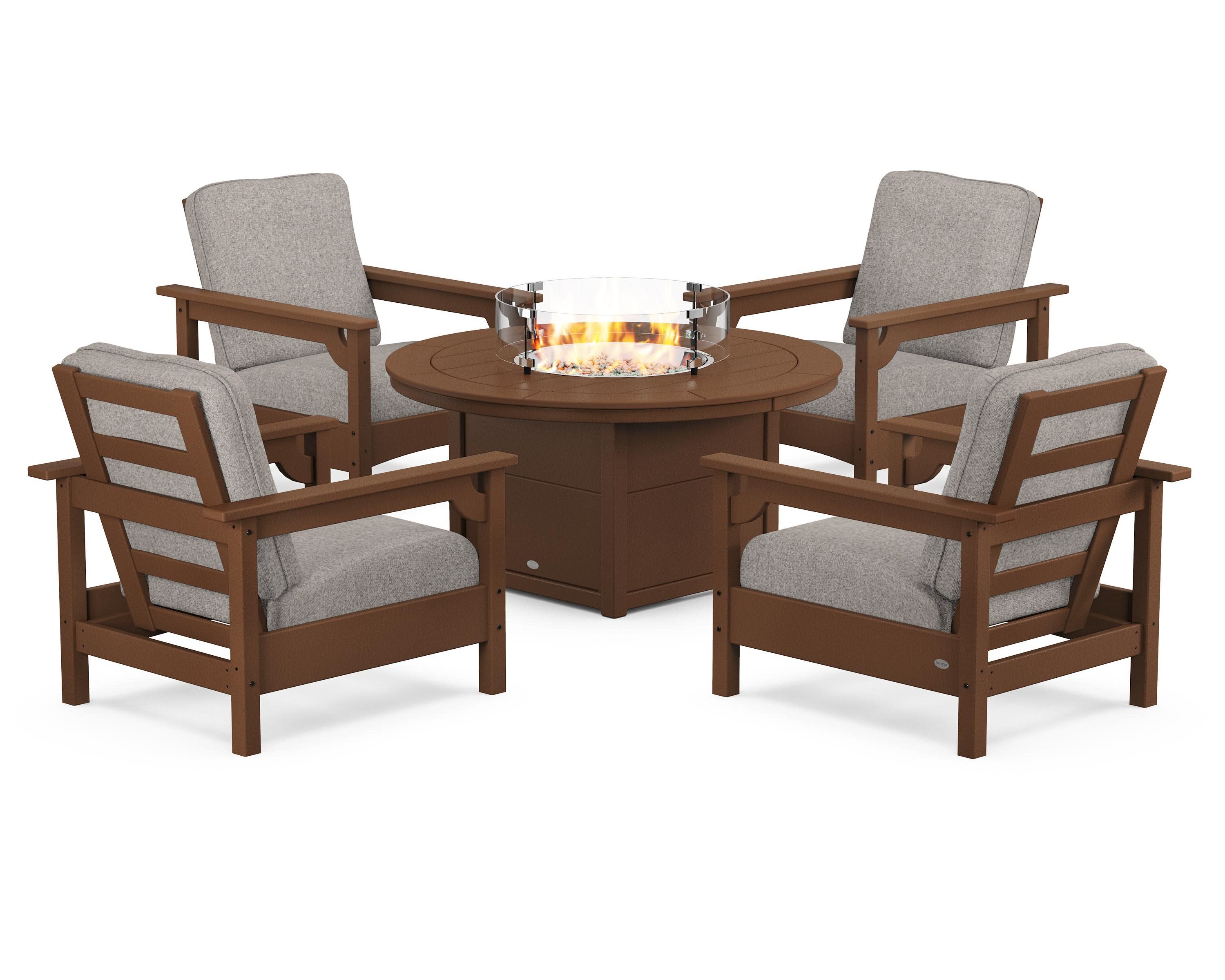 Club 5-Piece Conversation Set with Fire Pit Table in Teak / Weathered Tweed