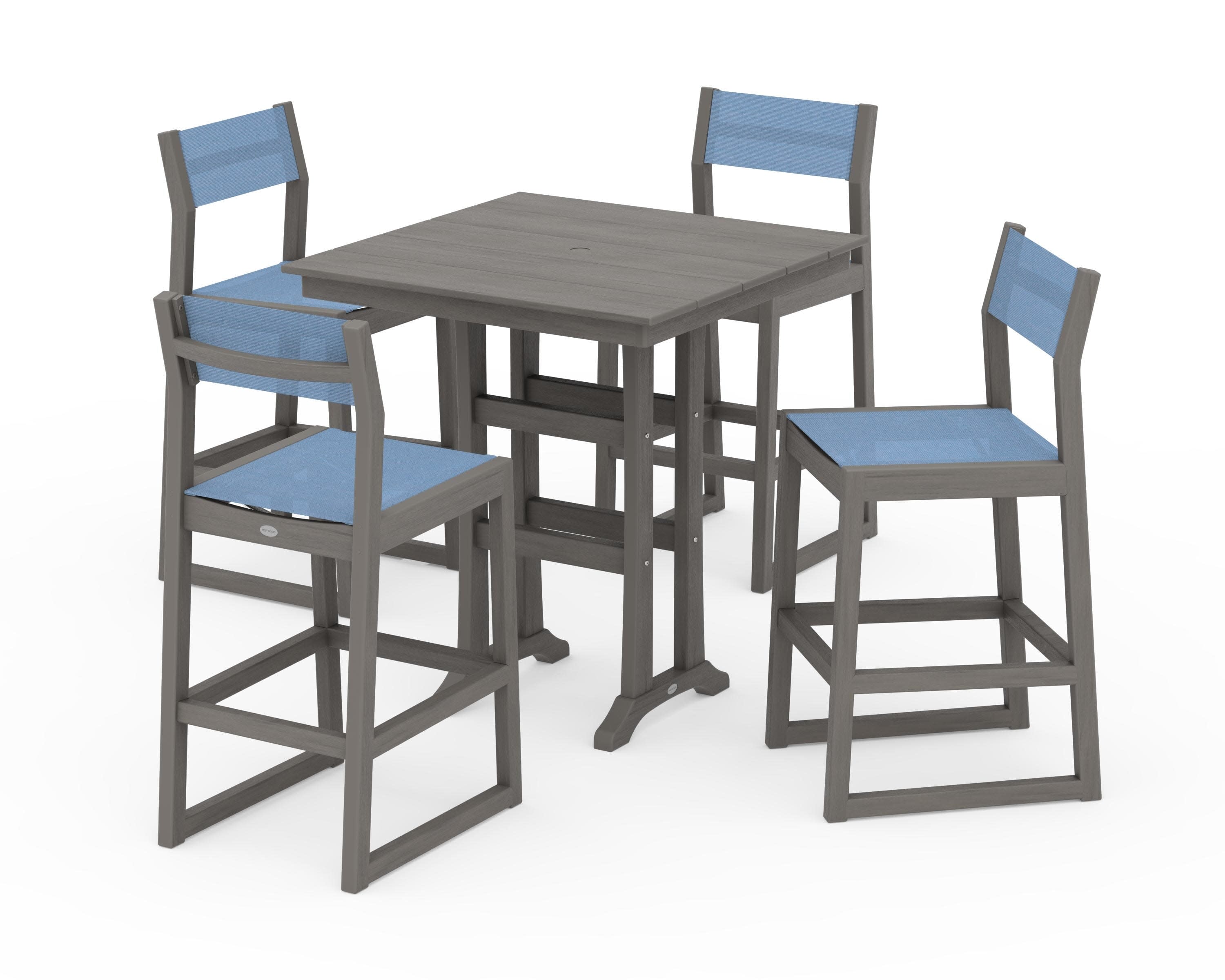 EDGE Sling Arm Chair 5-Piece Farmhouse Bar Set with Trestle Legs in Driftwood / Poolside Sling
