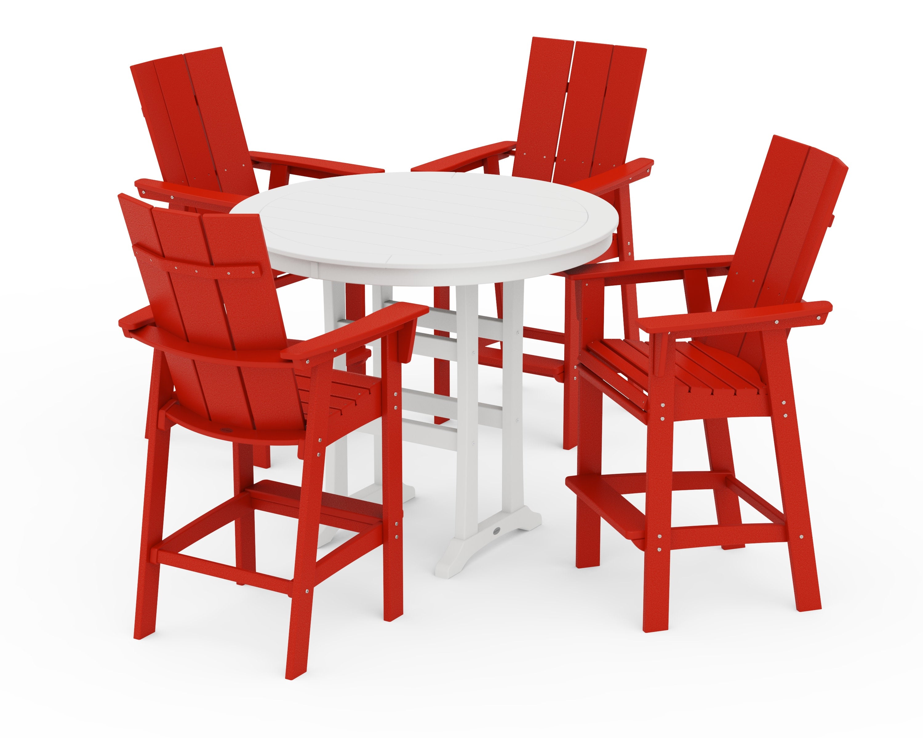 Modern Curveback Adirondack 5-Piece Nautical Trestle Bar Set in Sunset Red / White