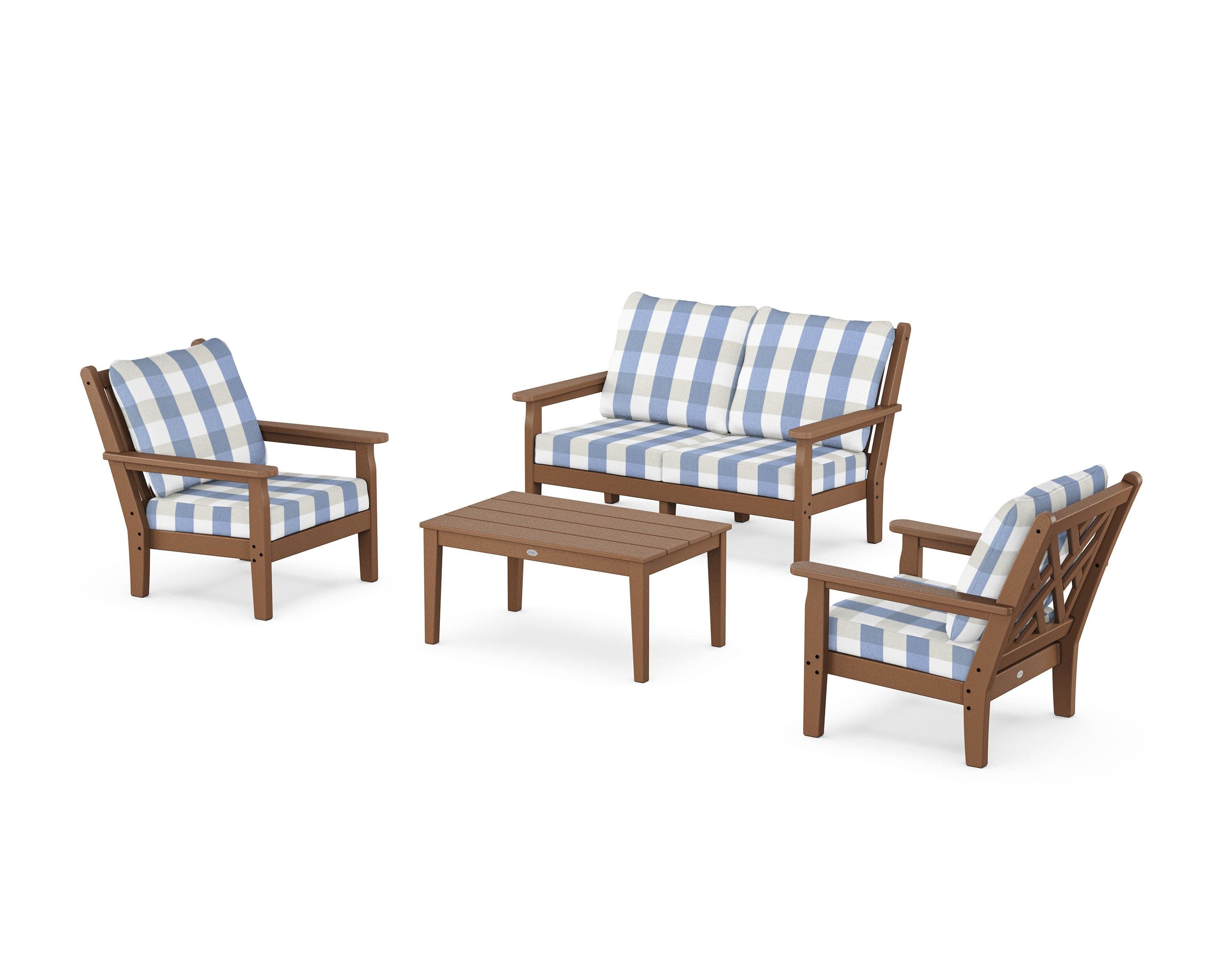 Chippendale 4-Piece Deep Seating Set with Loveseat in Teak / Buffalo Plaid Sky Blue