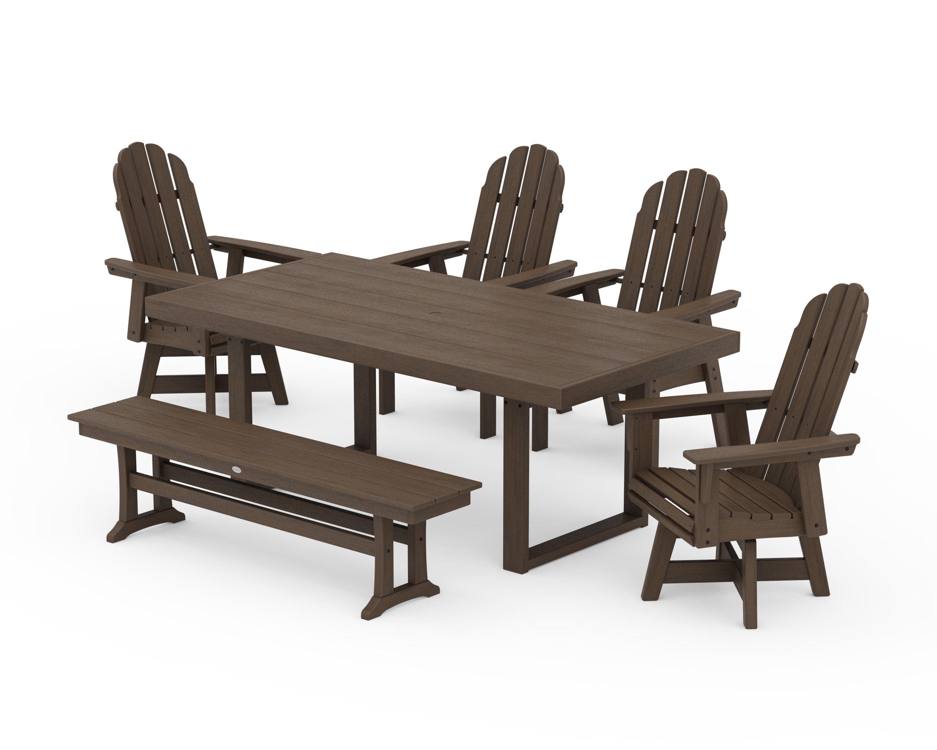 Vineyard Curveback Adirondack Swivel Chair 6-Piece Dining Set with Bench in Kona