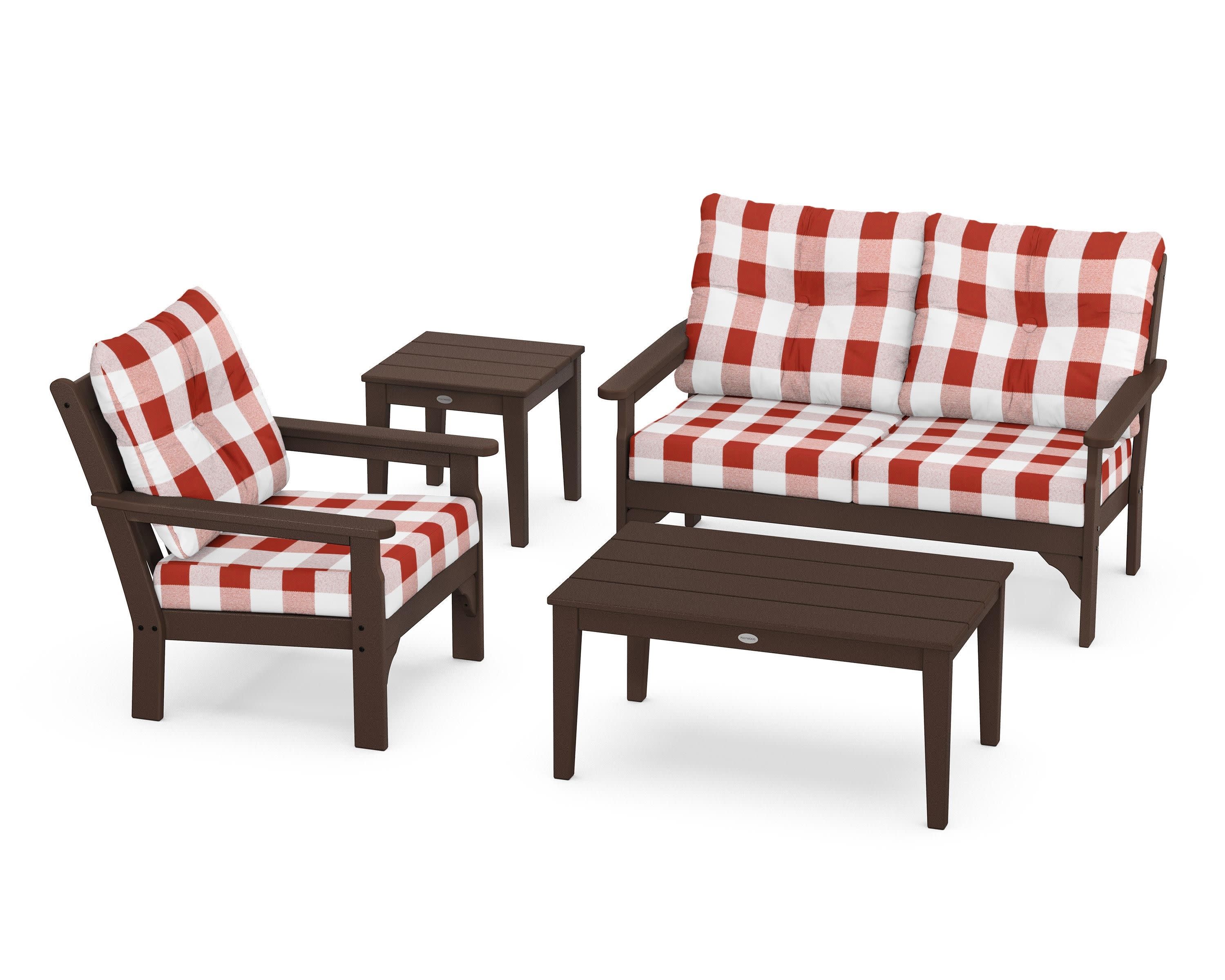 Vineyard 4-Piece Deep Seating Set in Mahogany / Buffalo Plaid Crimson