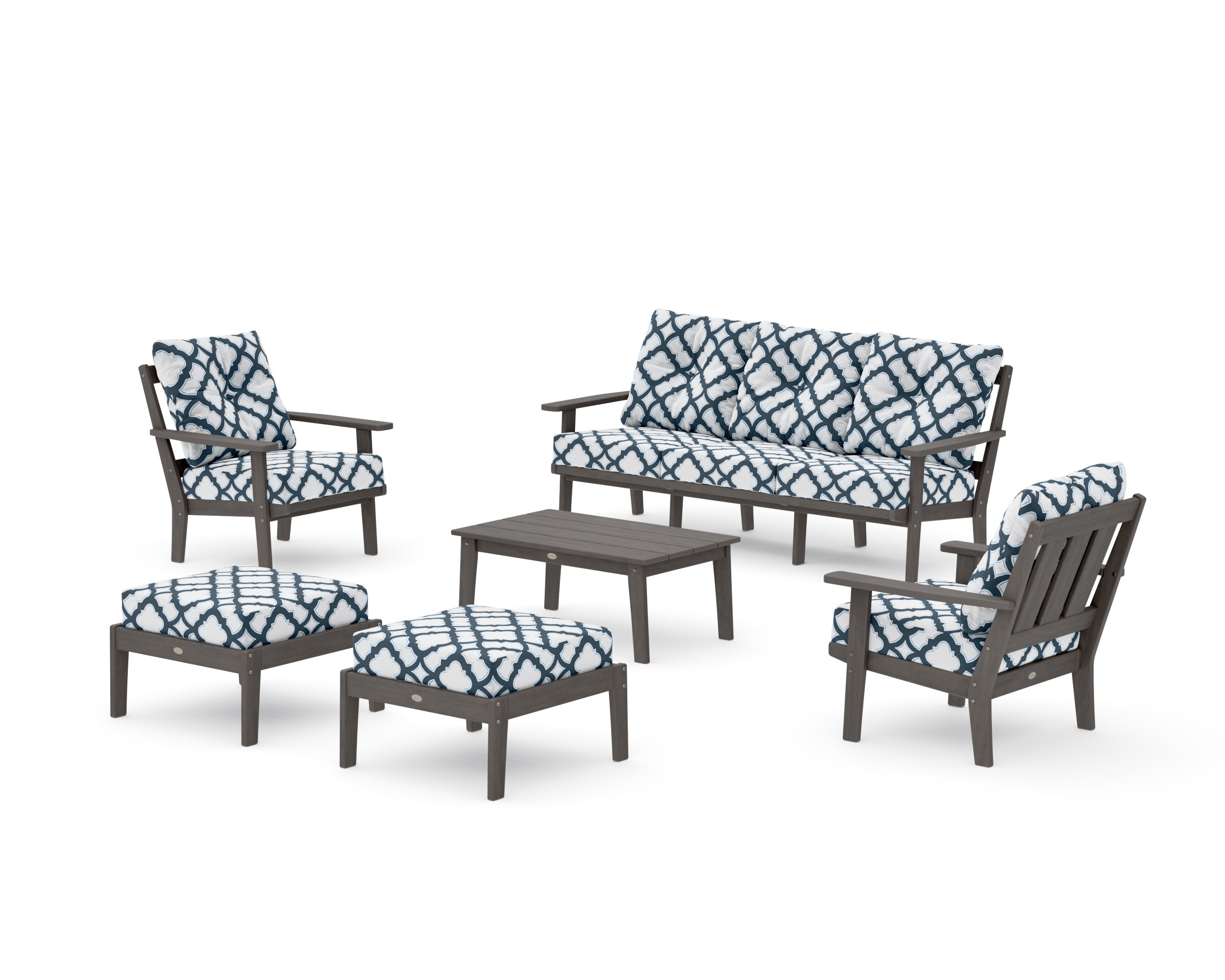 Oxford 6-Piece Lounge Sofa Set in Driftwood / Trellis Marine Indigo