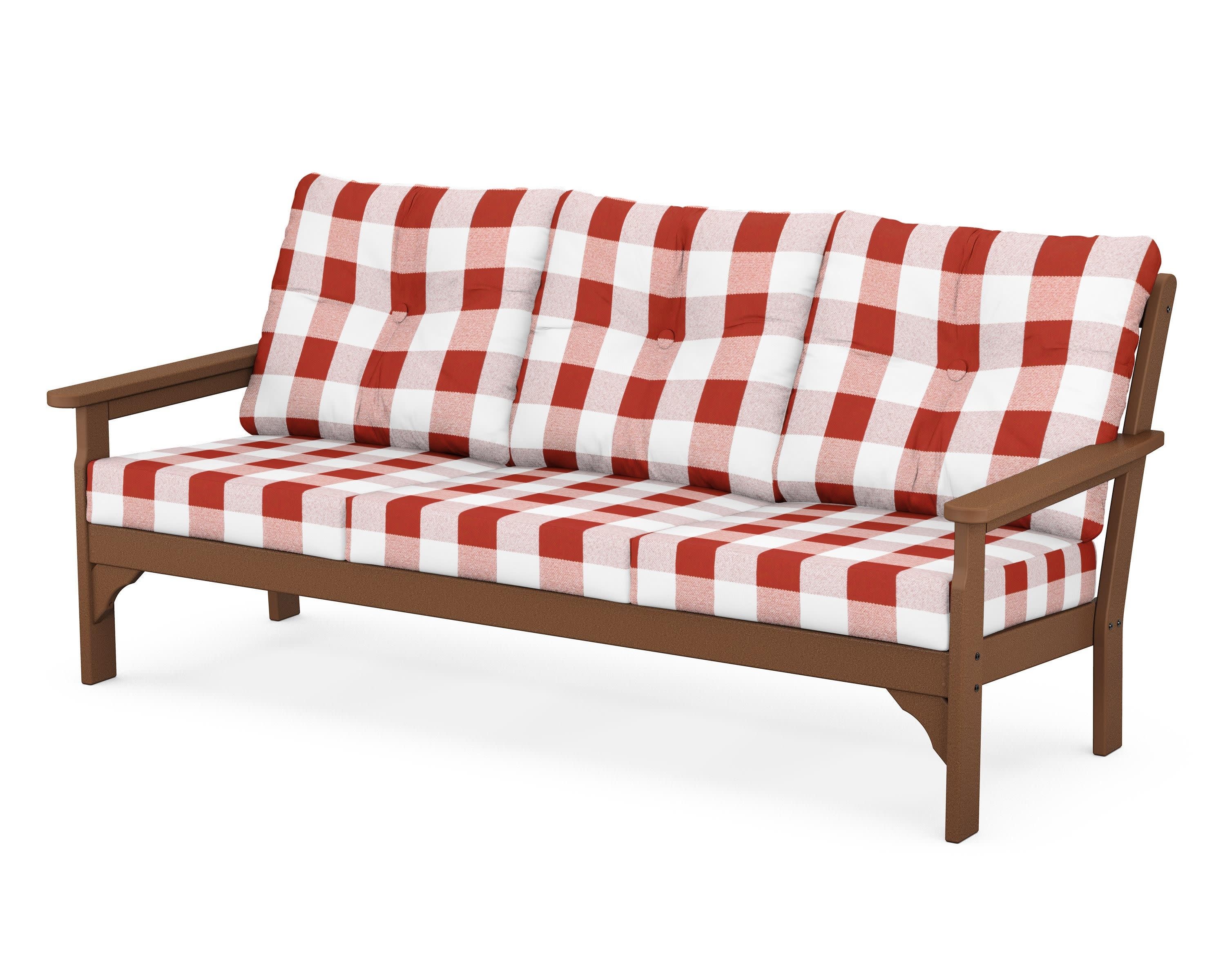 Vineyard Deep Seating Sofa in Teak / Buffalo Plaid Crimson