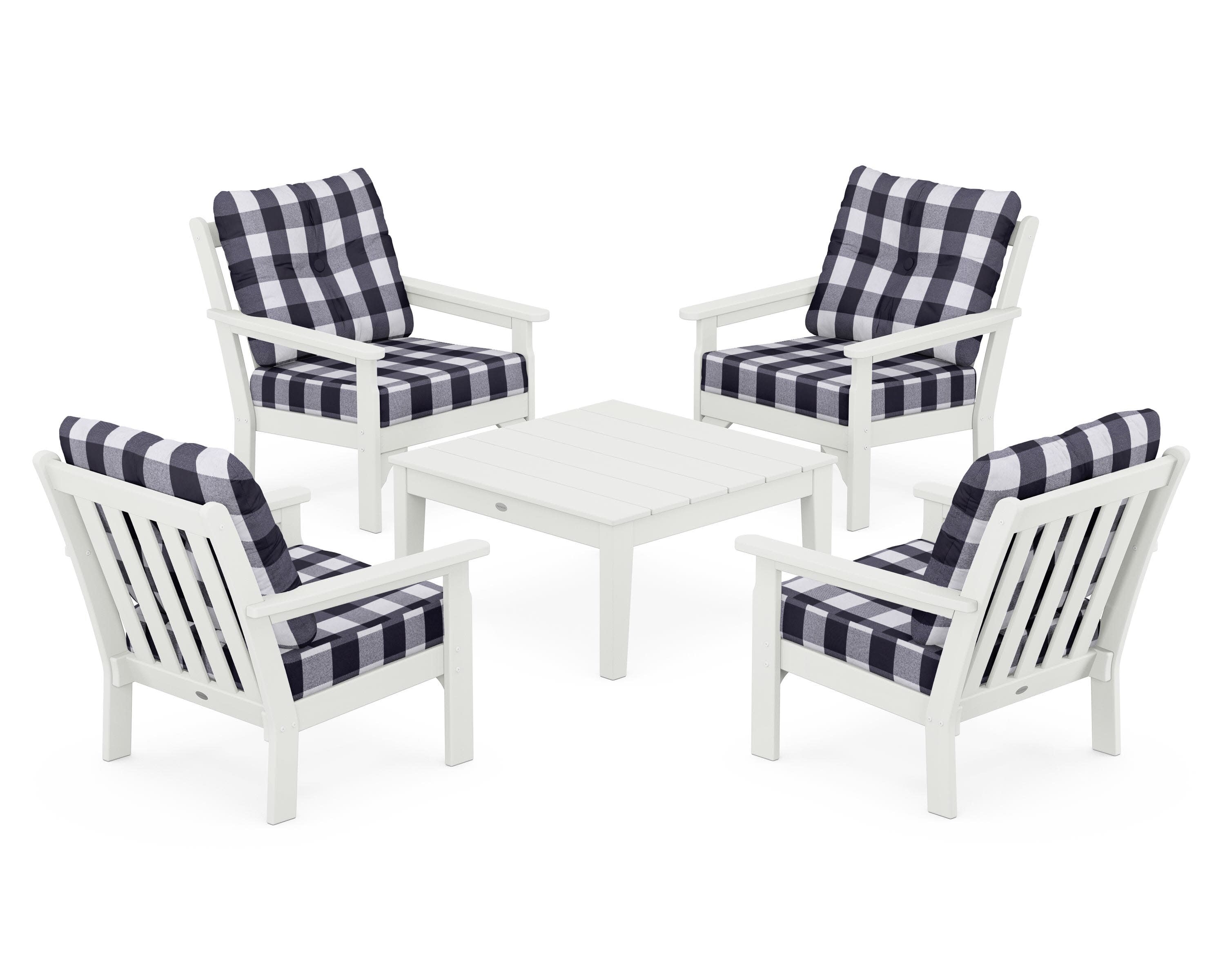 Vineyard 5-Piece Deep Seating Conversation Set in Vintage White / Buffalo Plaid Navy