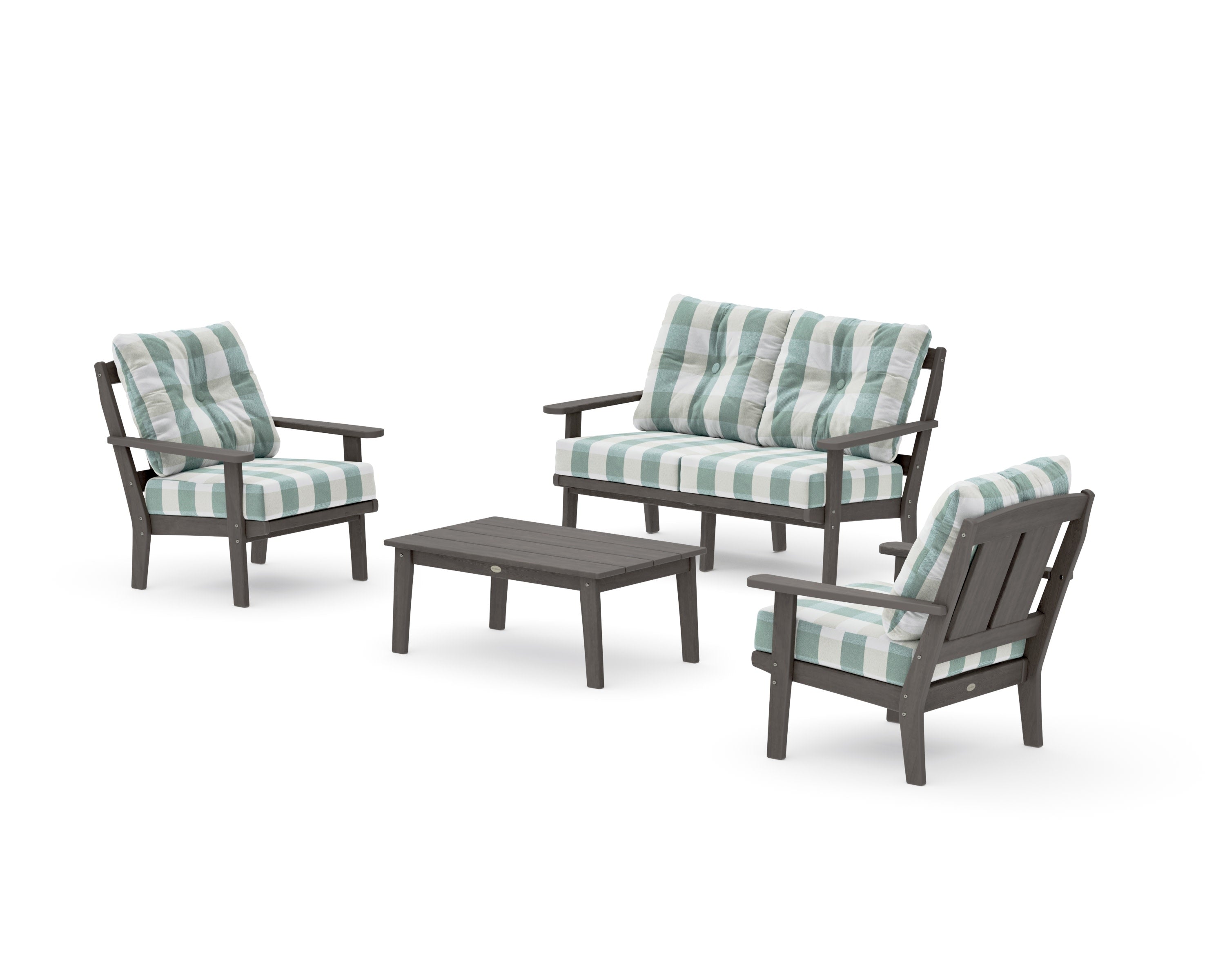 Mission 4-Piece Deep Seating Set with Loveseat in Driftwood / Buffalo Plaid Glacier Spa