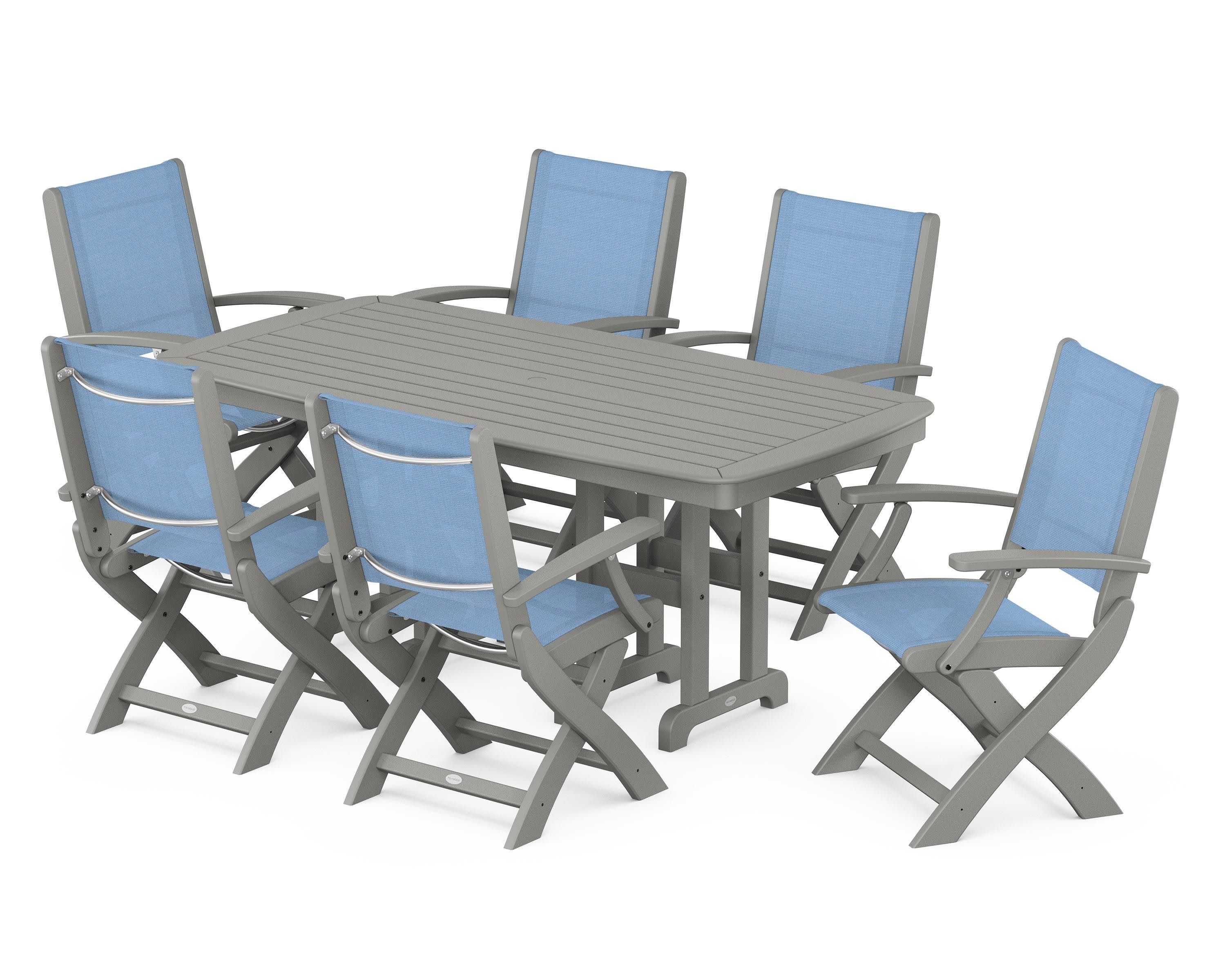 Coastal Folding Arm Chair 7-Piece Dining Set in Slate Grey / Poolside Sling