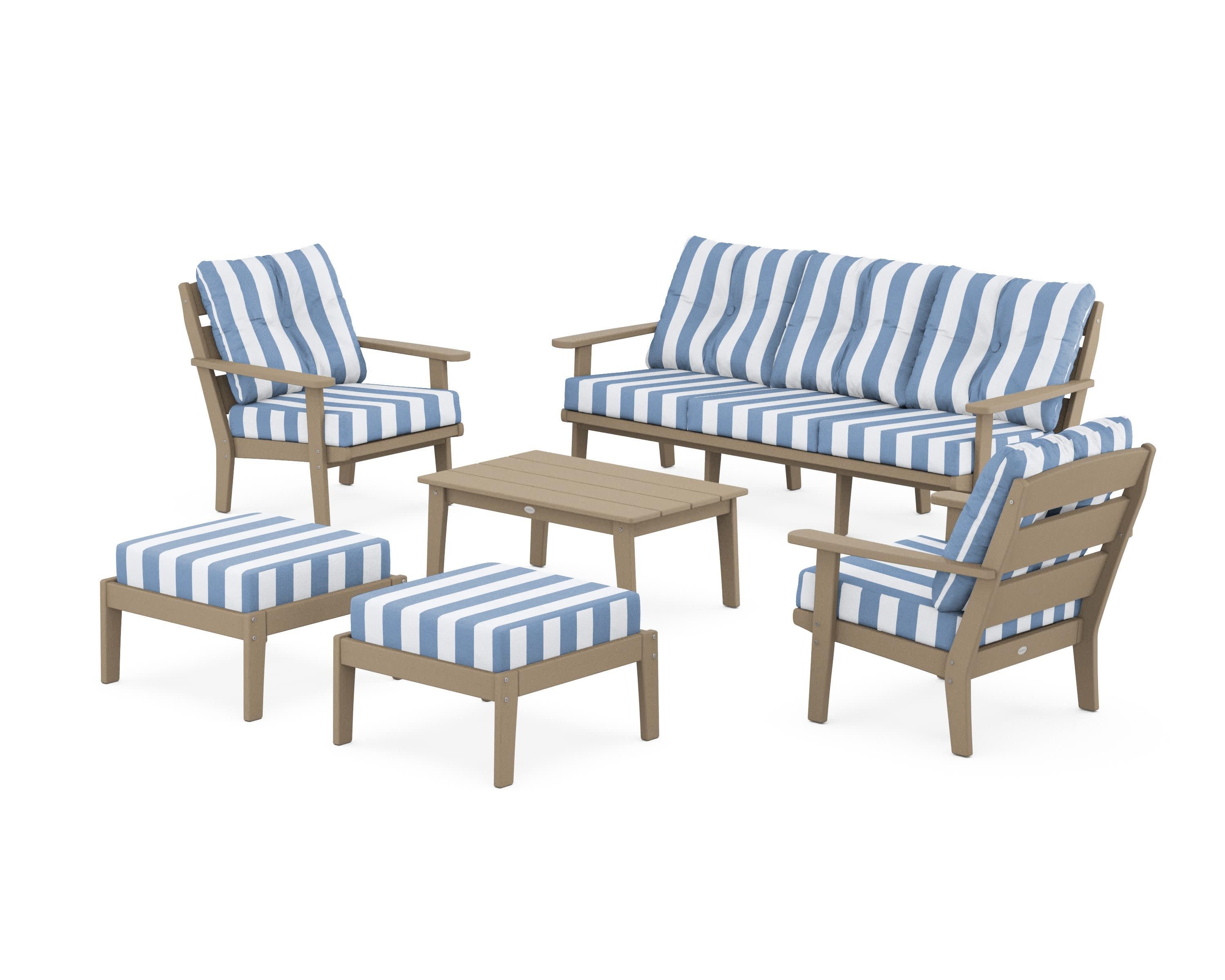 Lakeside 6-Piece Lounge Sofa Set in Vintage Sahara / Cabana Stripe Sky Blue