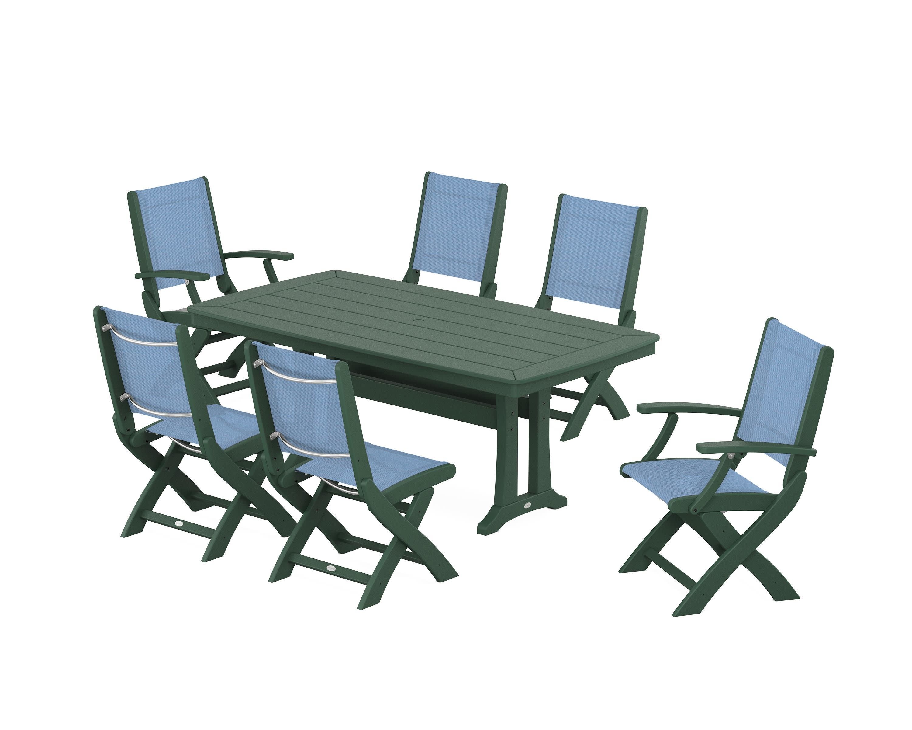 Coastal Folding Chair 7-Piece Dining Set with Trestle Legs in Green / Poolside Sling