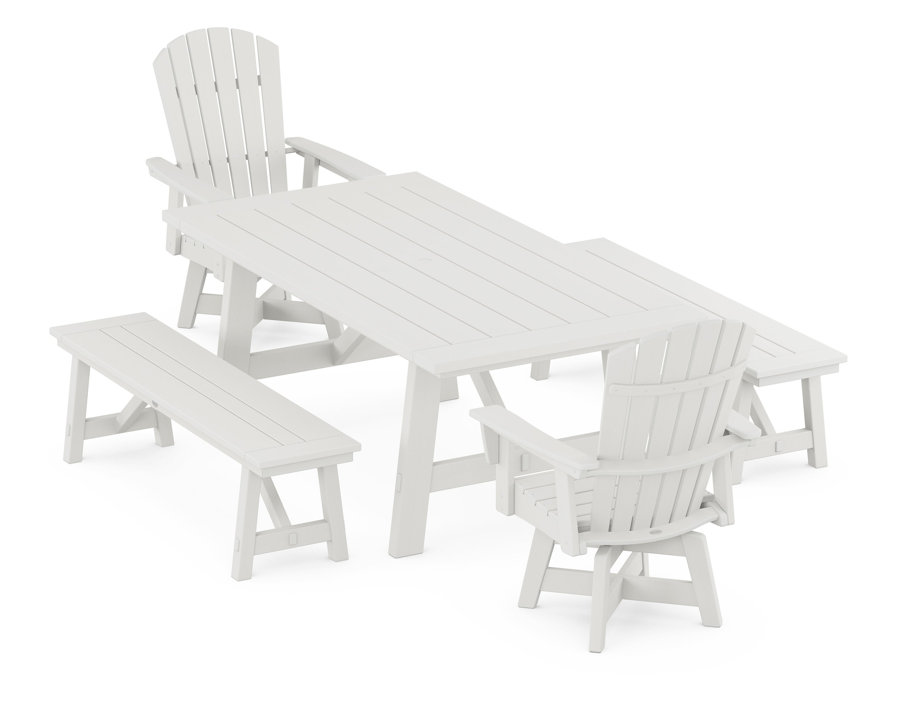 Nautical Curveback Adirondack Swivel Chair 5-Piece Rustic Farmhouse Dining Set With Benches in Vintage White