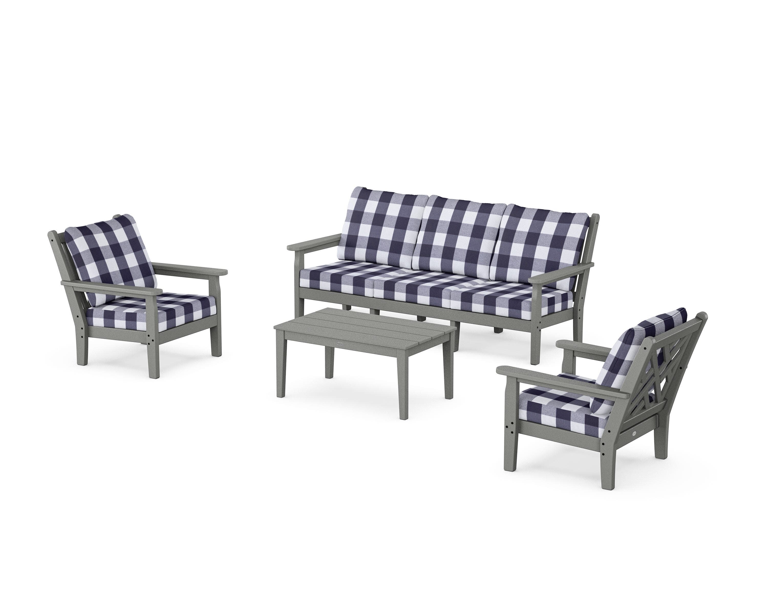 Chippendale 4-Piece Deep Seating Set with Sofa in Slate Grey / Buffalo Plaid Navy