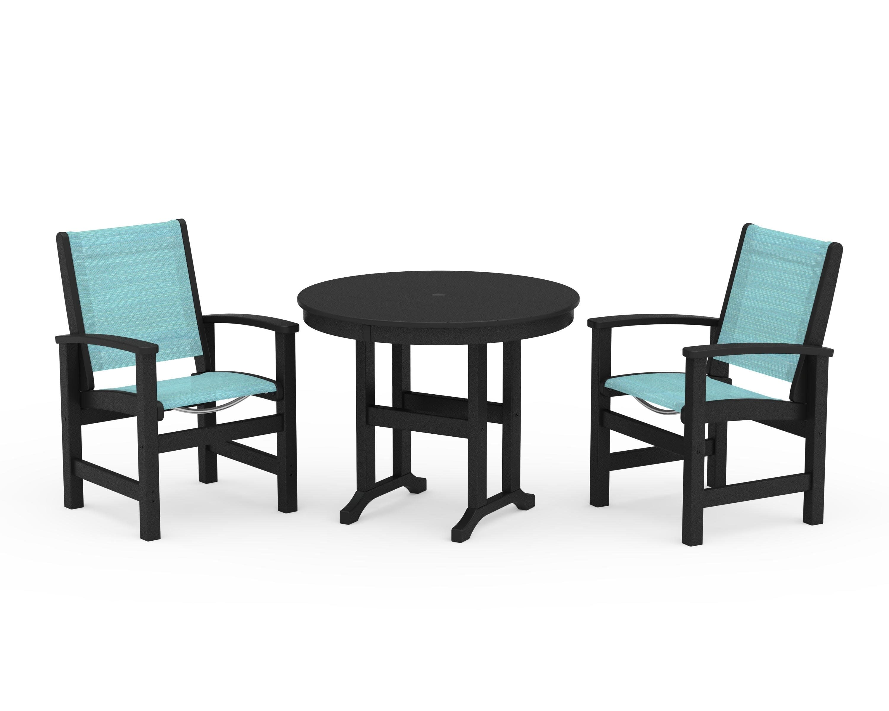 Coastal 3-Piece Round Dining Set in Black / Dupioni Aquamarine Sling
