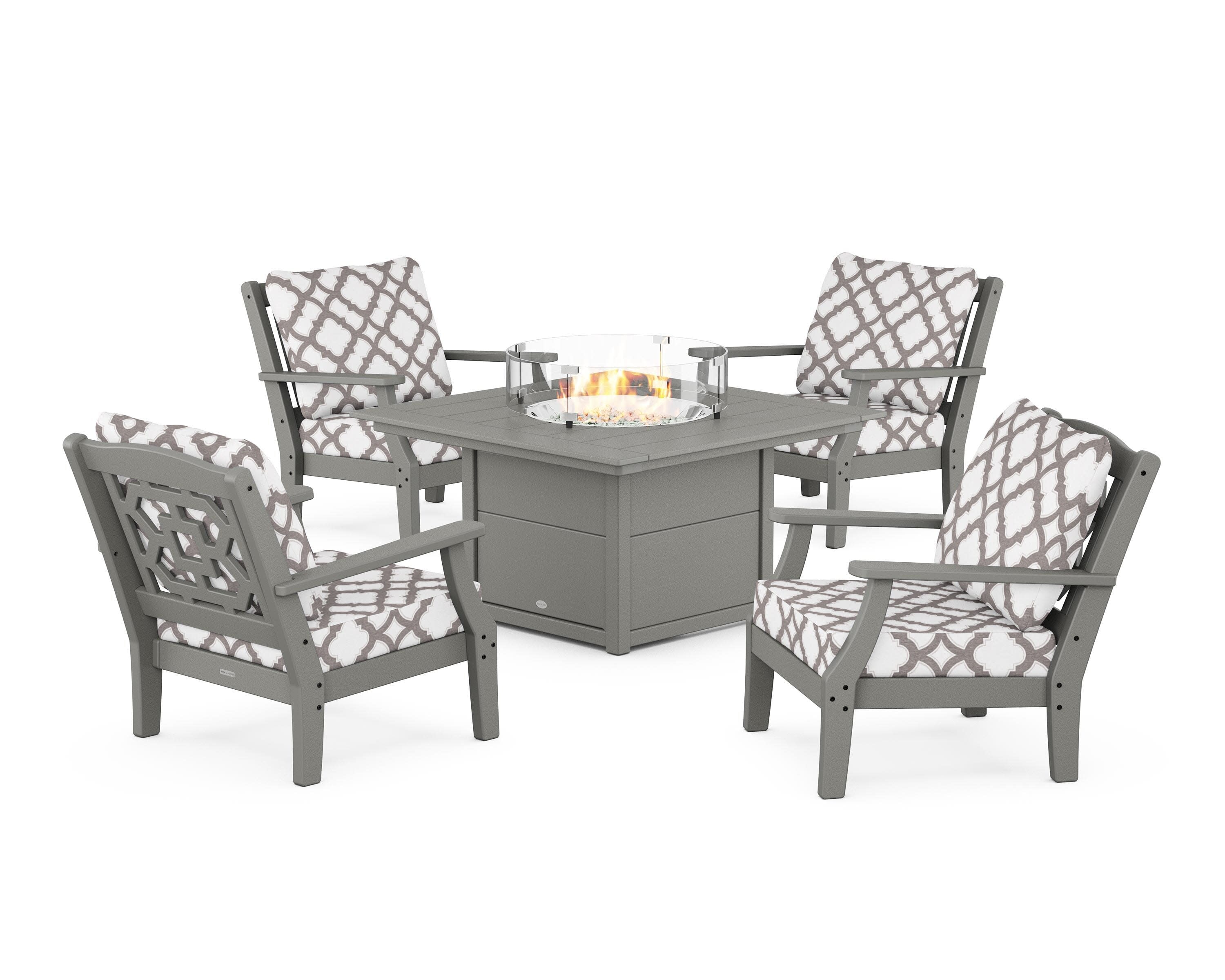 Chinoiserie 5-Piece Deep Seating Set with Fire Pit Table in Slate Grey / Trellis Grey Mist