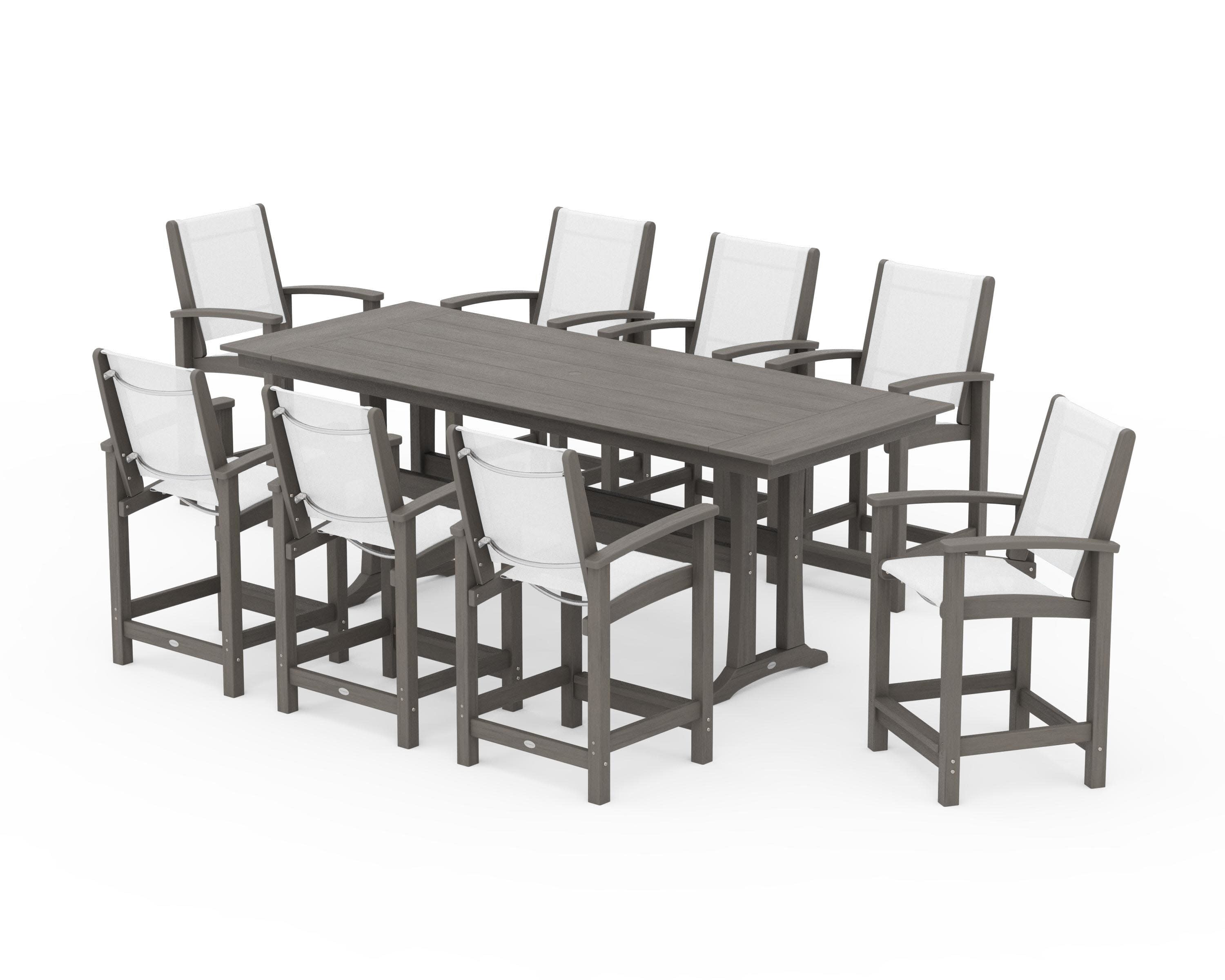 Coastal 9-Piece Farmhouse Counter Set with Trestle Legs in Driftwood / White Sling