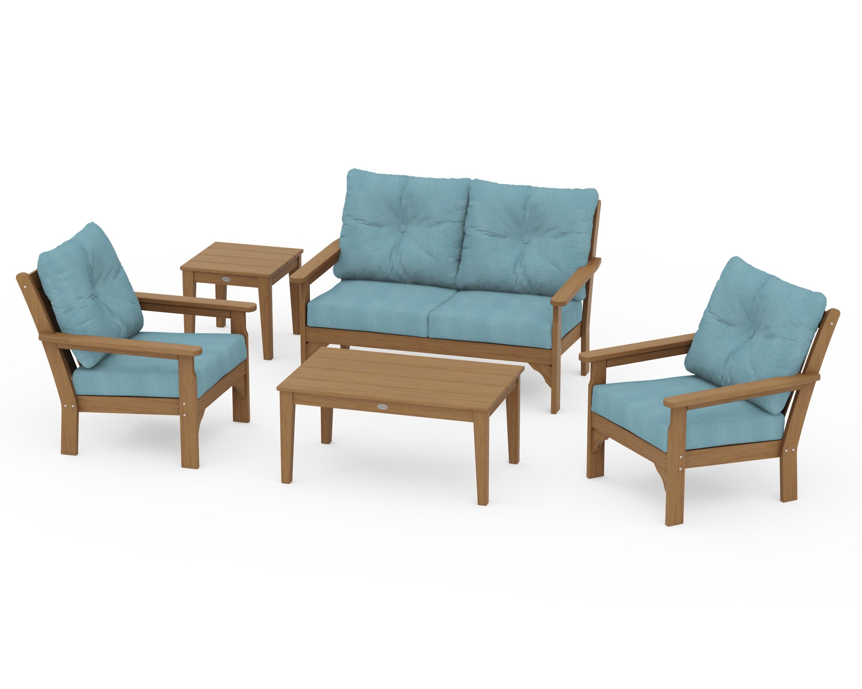 Vineyard 5-Piece Deep Seating Set in Natural / Lattice Sky Blue