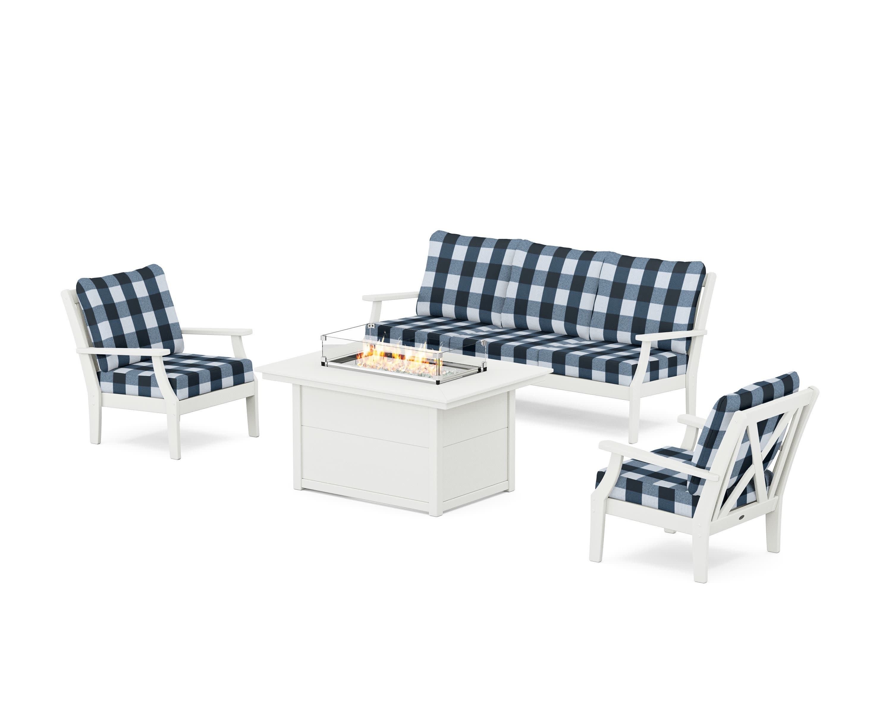 Braxton Deep Seating Fire Pit Table Set in Vintage White / Buffalo Plaid Marine Indigo