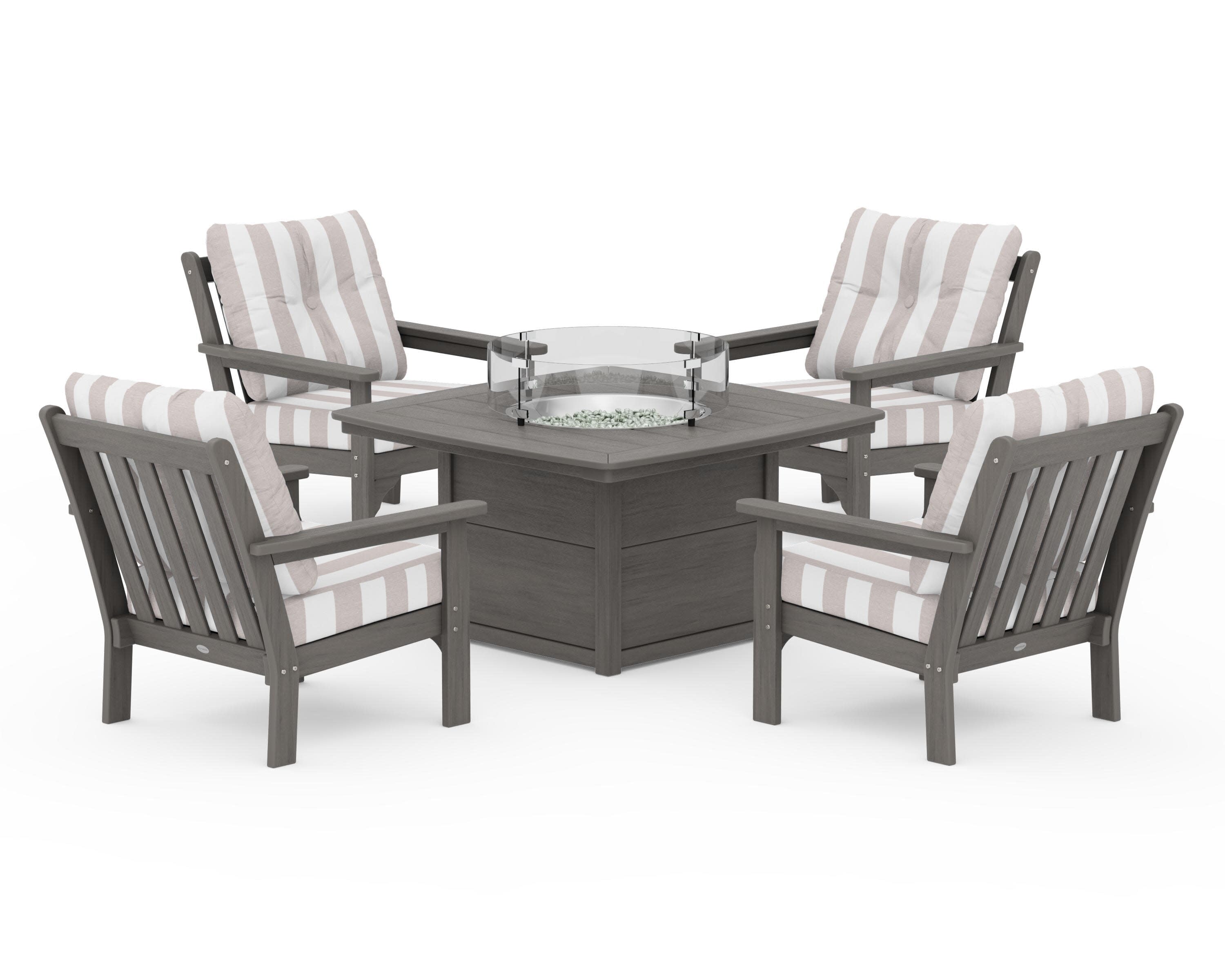 Vineyard 5-Piece Conversation Set with Fire Pit Table in Driftwood / Cabana Stripe Dune Burlap