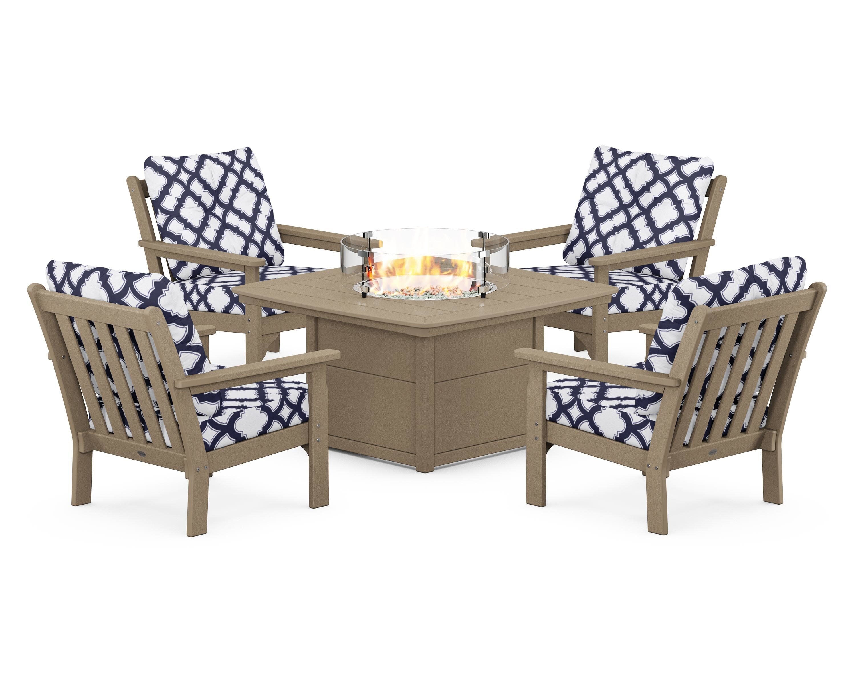 Vineyard 5-Piece Conversation Set with Fire Pit Table in Vintage Sahara / Trellis Navy