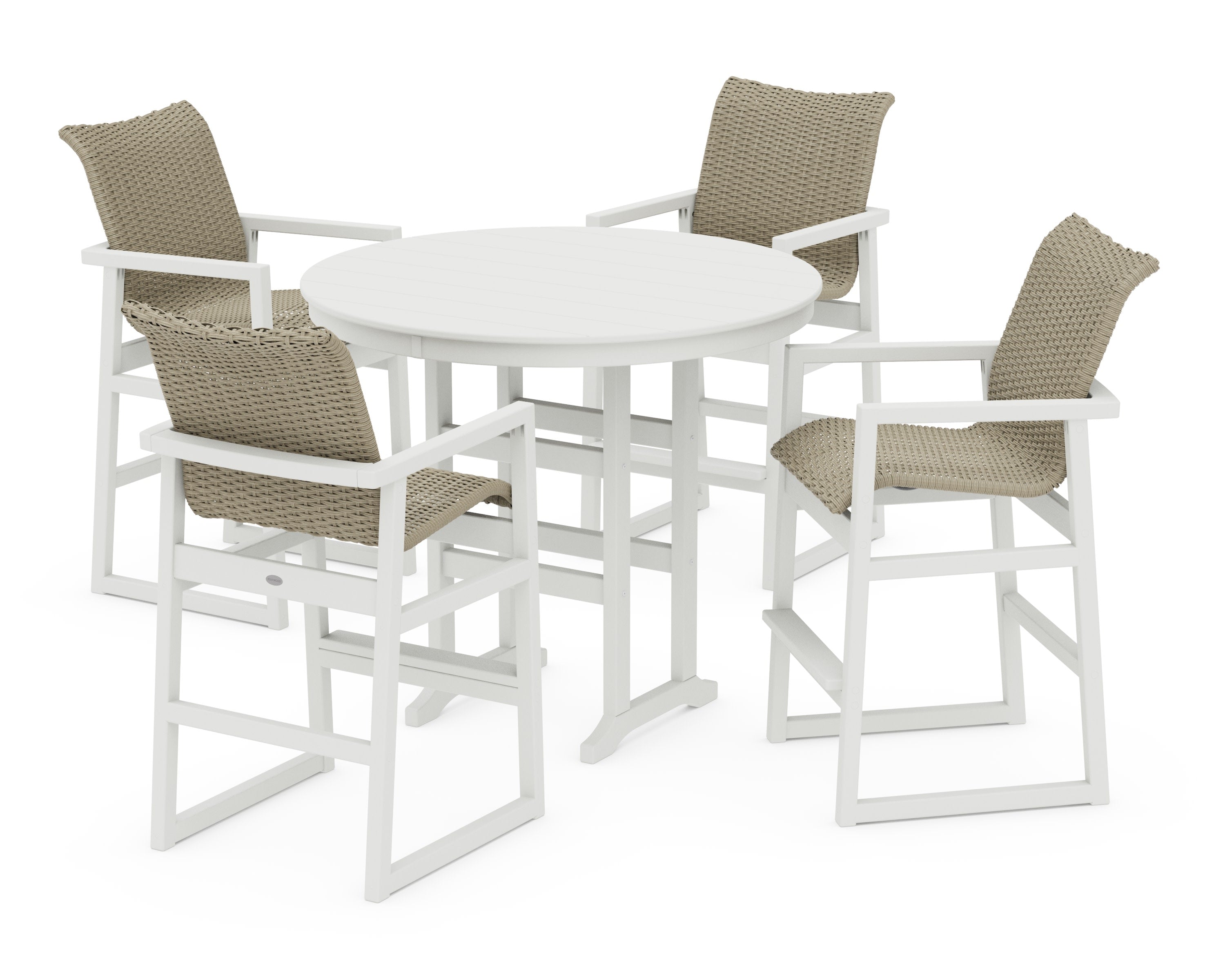 EDGE Woven 5-Piece Round Farmhouse Bar Set in Vintage White / Dune Grass