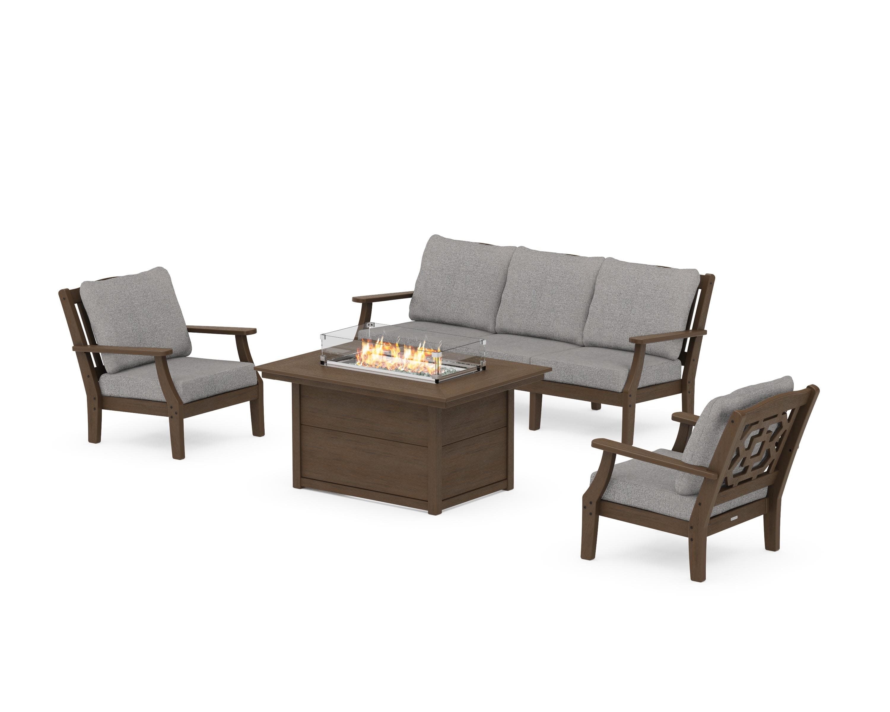 Chinoiserie Deep Seating Fire Pit Table Set in Kona / Grey Mist