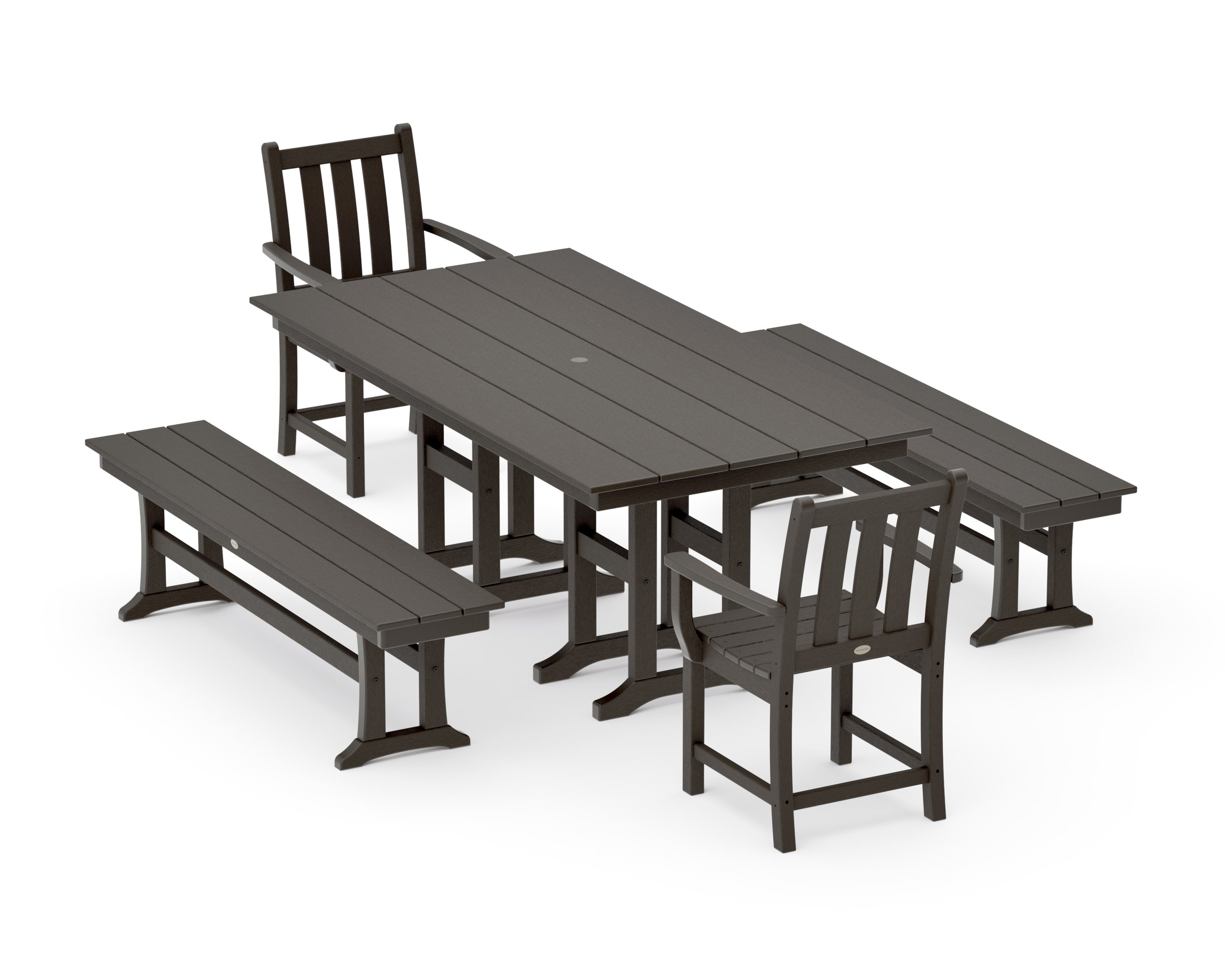Traditional Garden 5-Piece Farmhouse Dining Set with Benches in Vintage Coffee