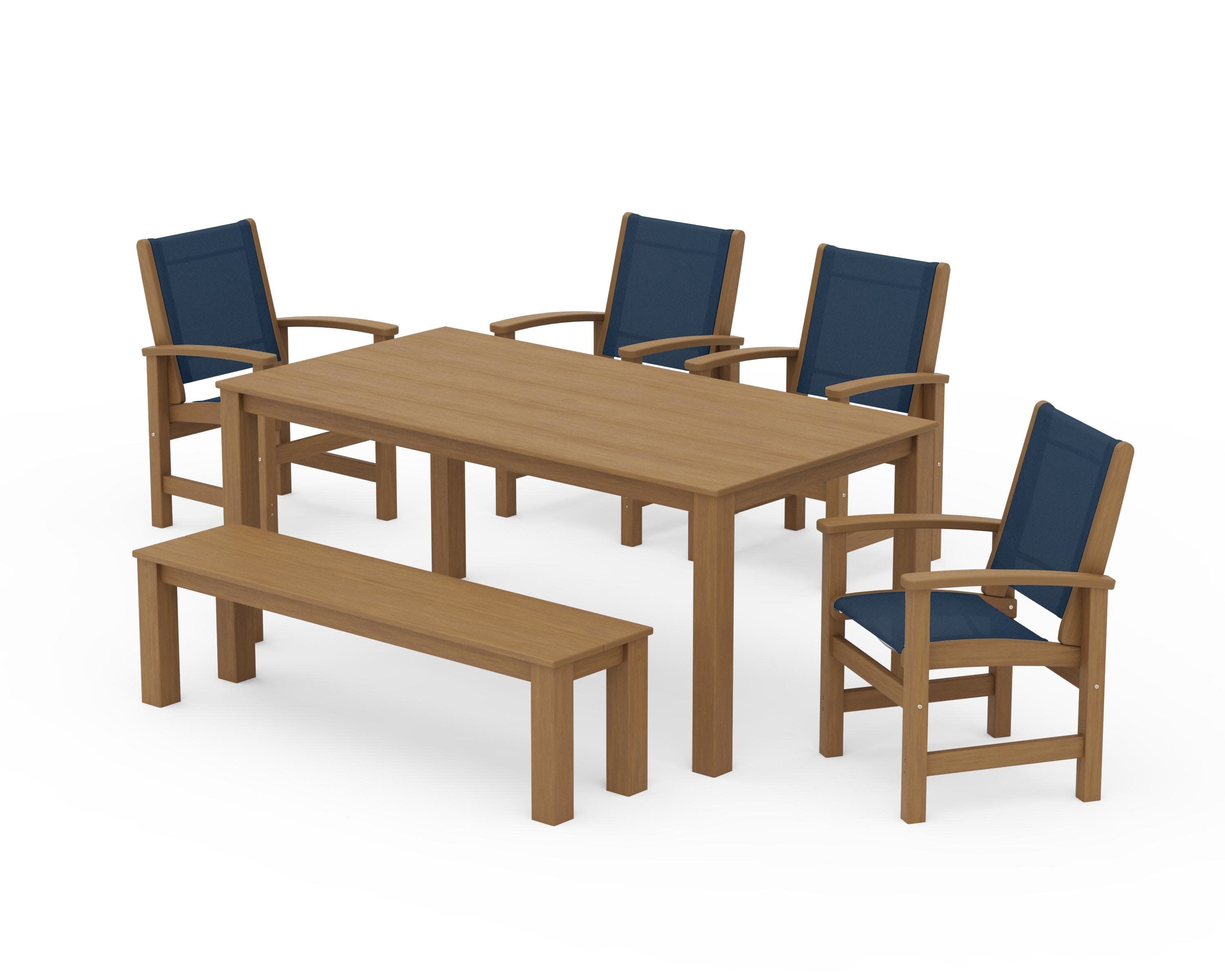 Coastal 6-Piece Parsons Dining Set with Bench in Natural / Navy Blue Sling