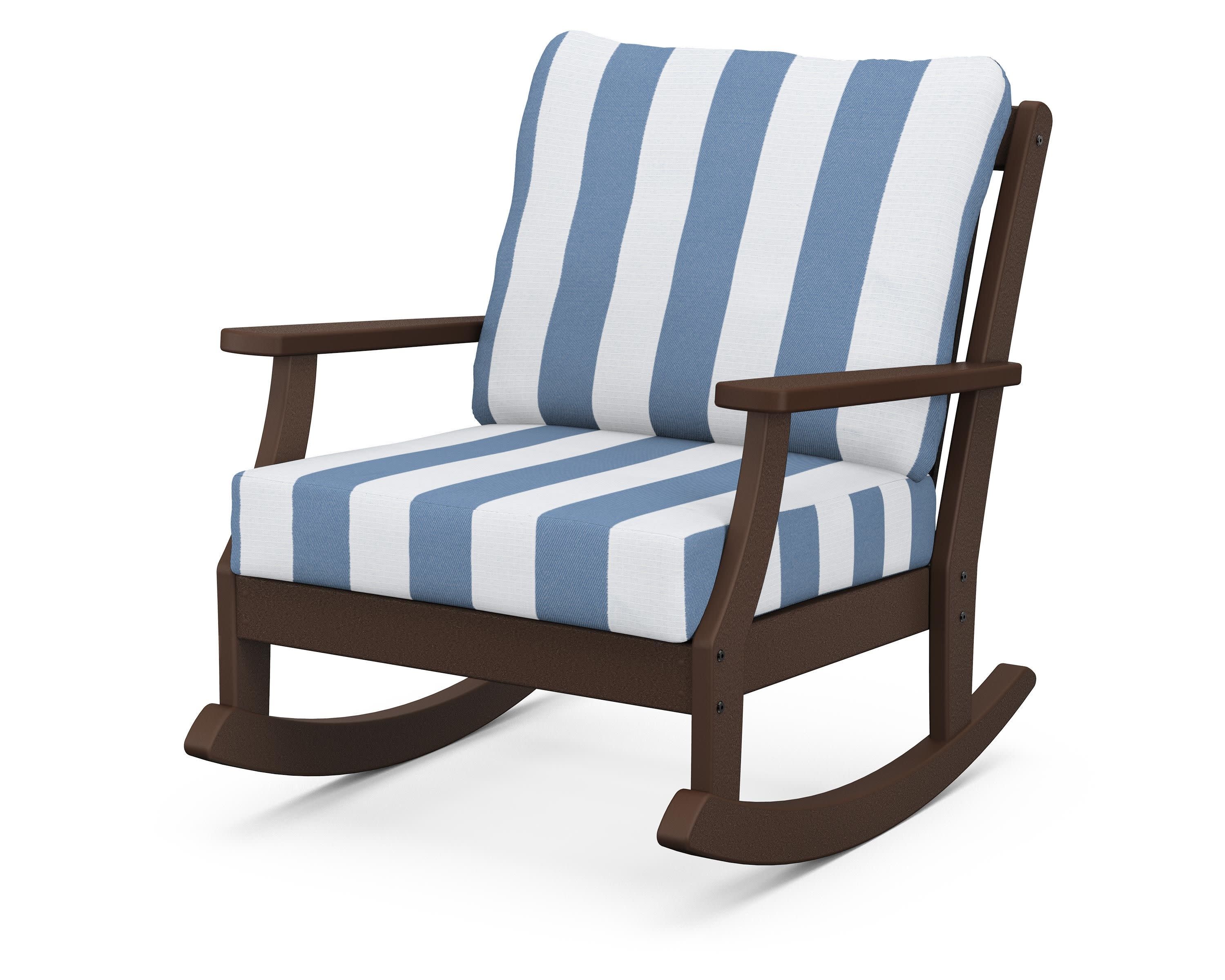 Braxton Deep Seating Rocking Chair in Mahogany / Cabana Stripe Sky Blue