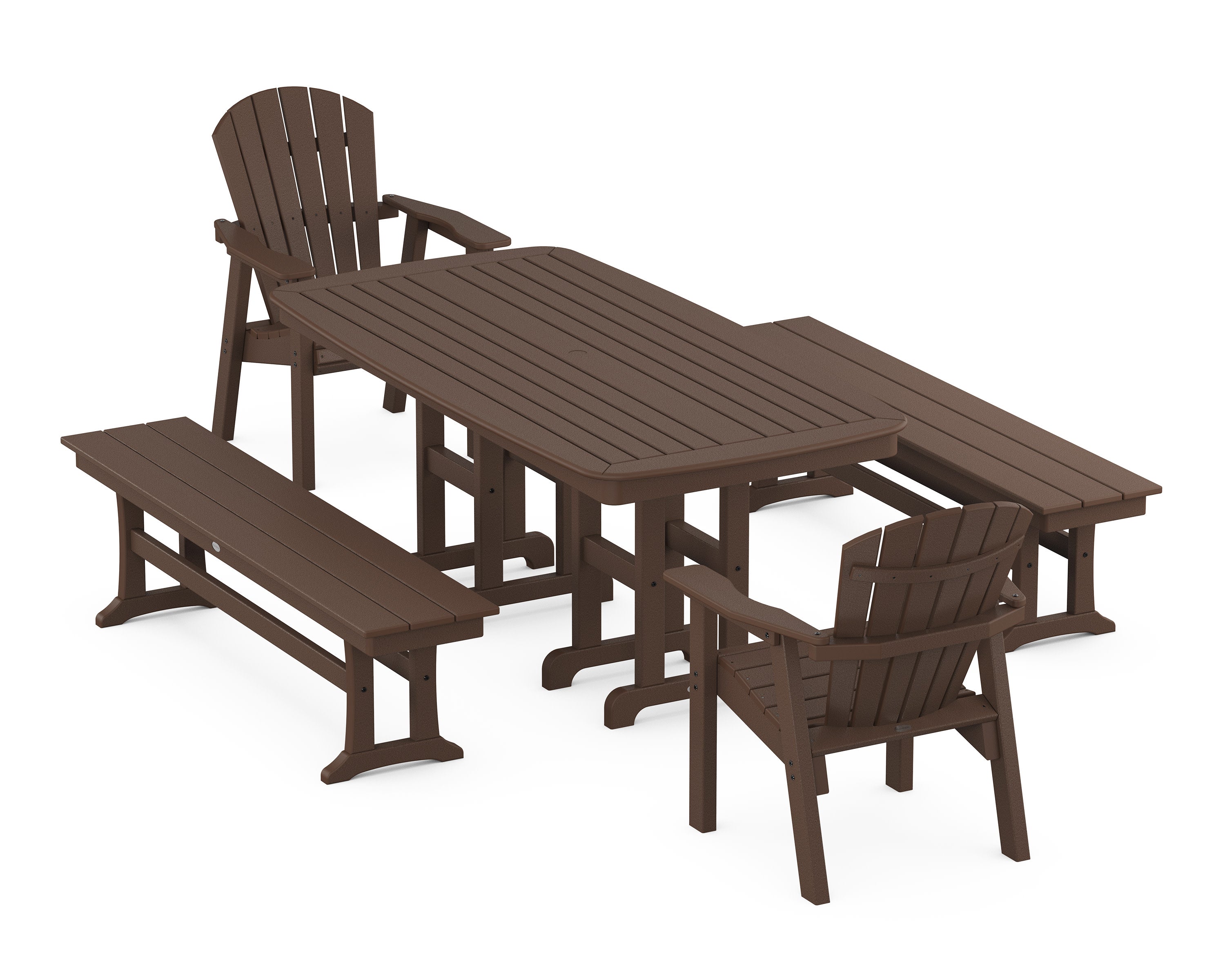 Seashell 5-Piece Dining Set with Benches in Mahogany