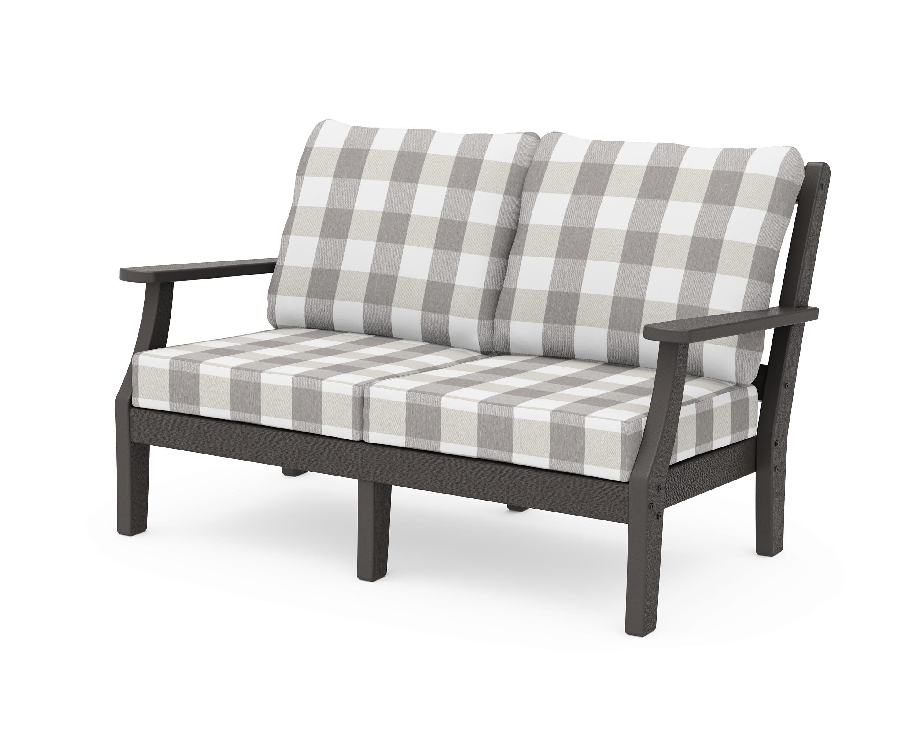 Chinoiserie Deep Seating Loveseat in Vintage Coffee / Buffalo Plaid Grey Mist