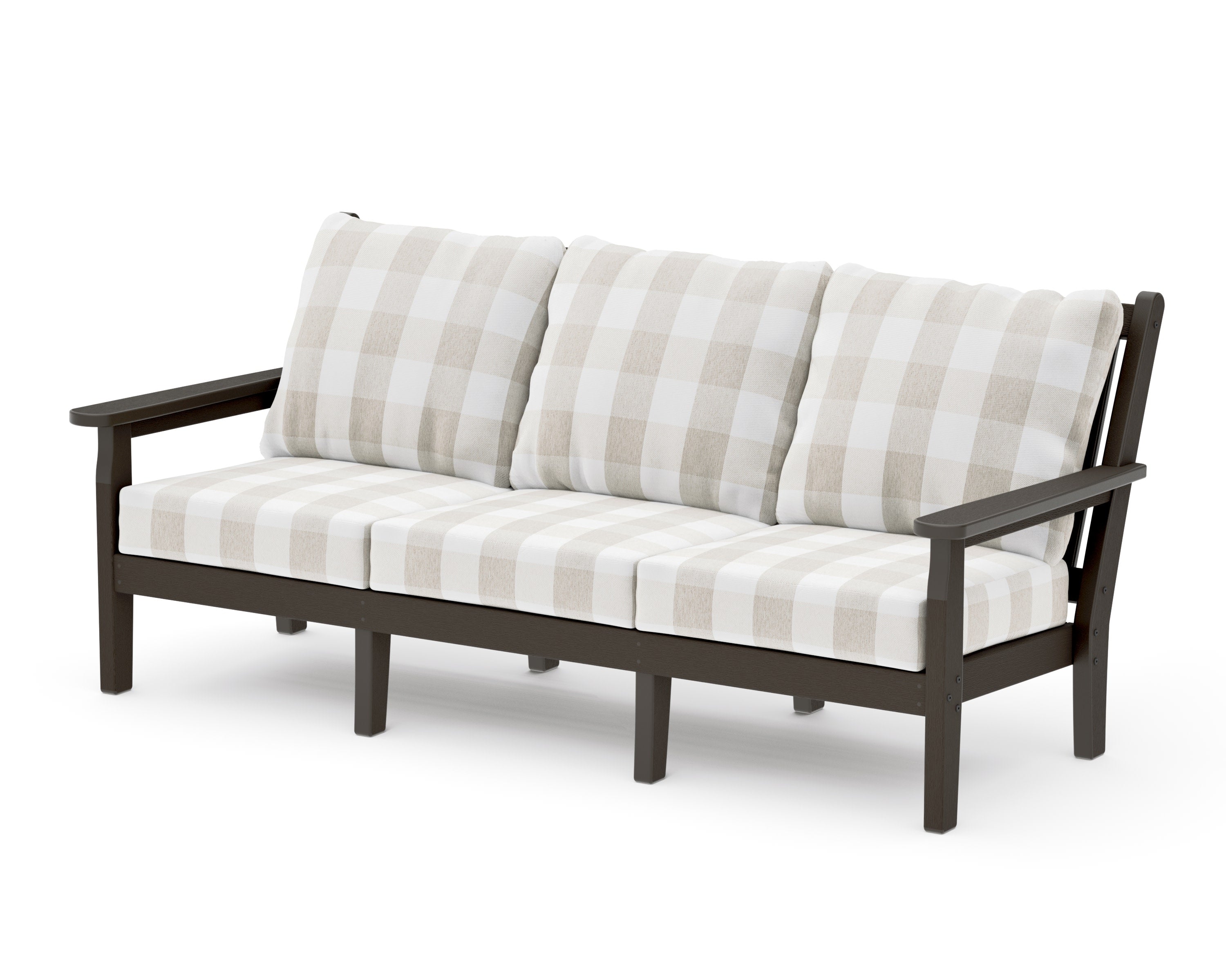 Chippendale Deep Seating Sofa in Vintage Coffee / Buffalo Plaid Dune Burlap