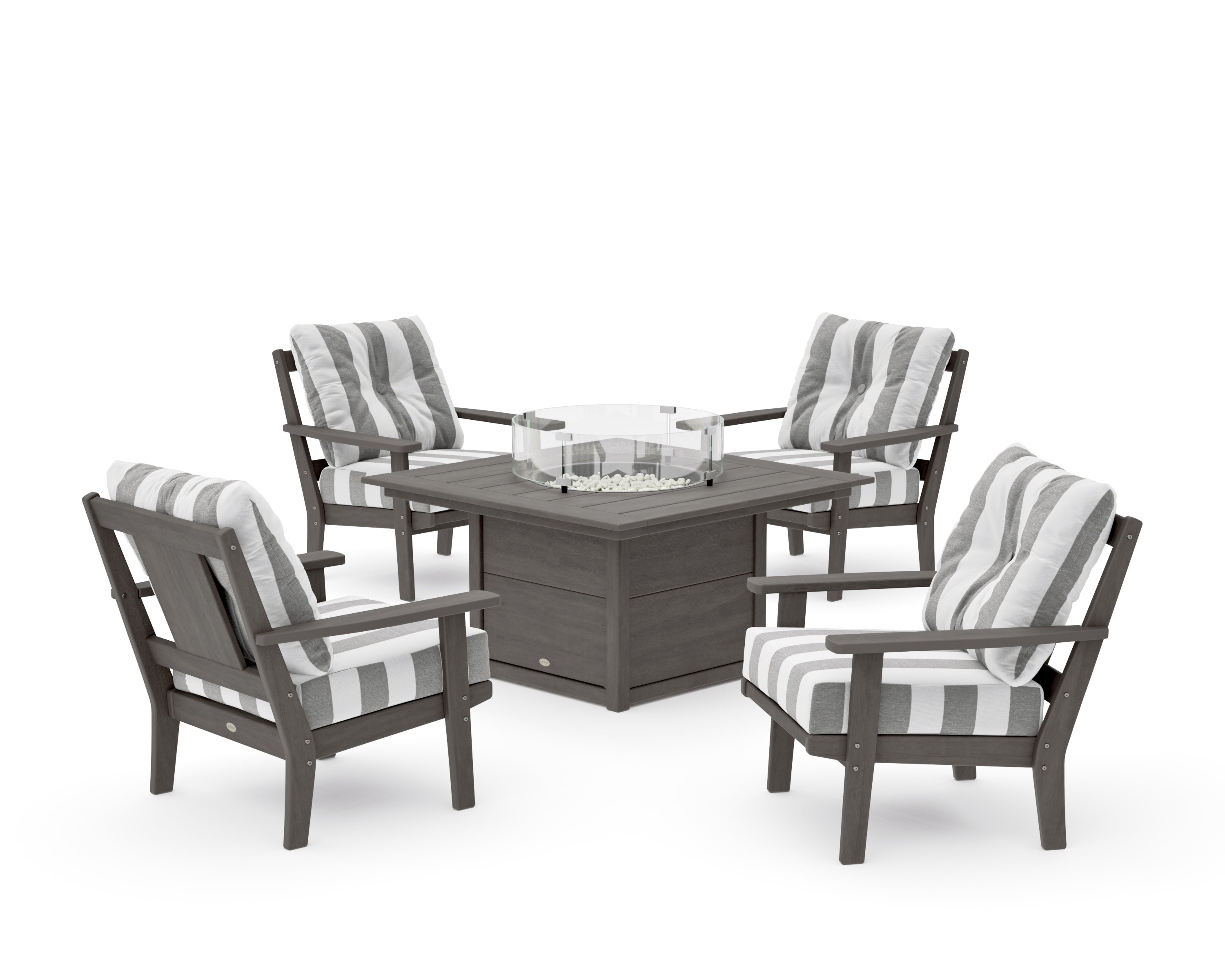 Prairie 5-Piece Deep Seating Set with Fire Pit Table in Driftwood / Cabana Stripe Grey Mist