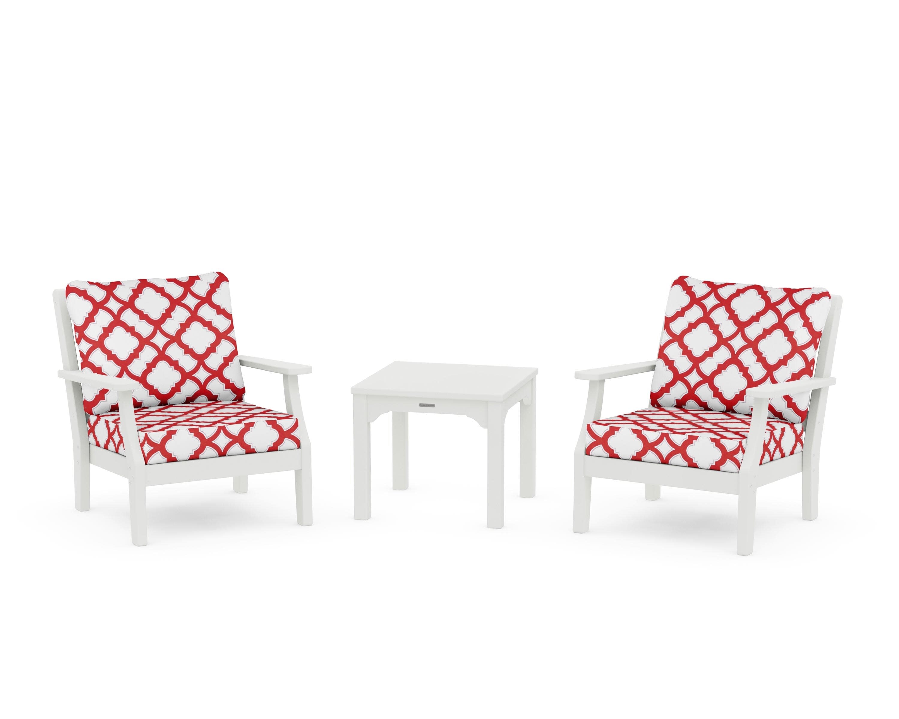 Chinoiserie 3-Piece Deep Seating Set in Vintage White / Trellis Crimson