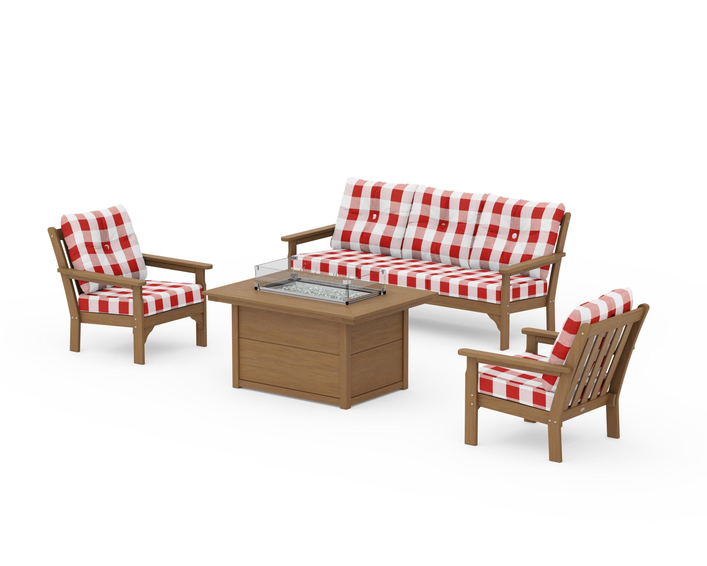 Vineyard Deep Seating Fire Pit Table Set in Natural / Buffalo Plaid Crimson