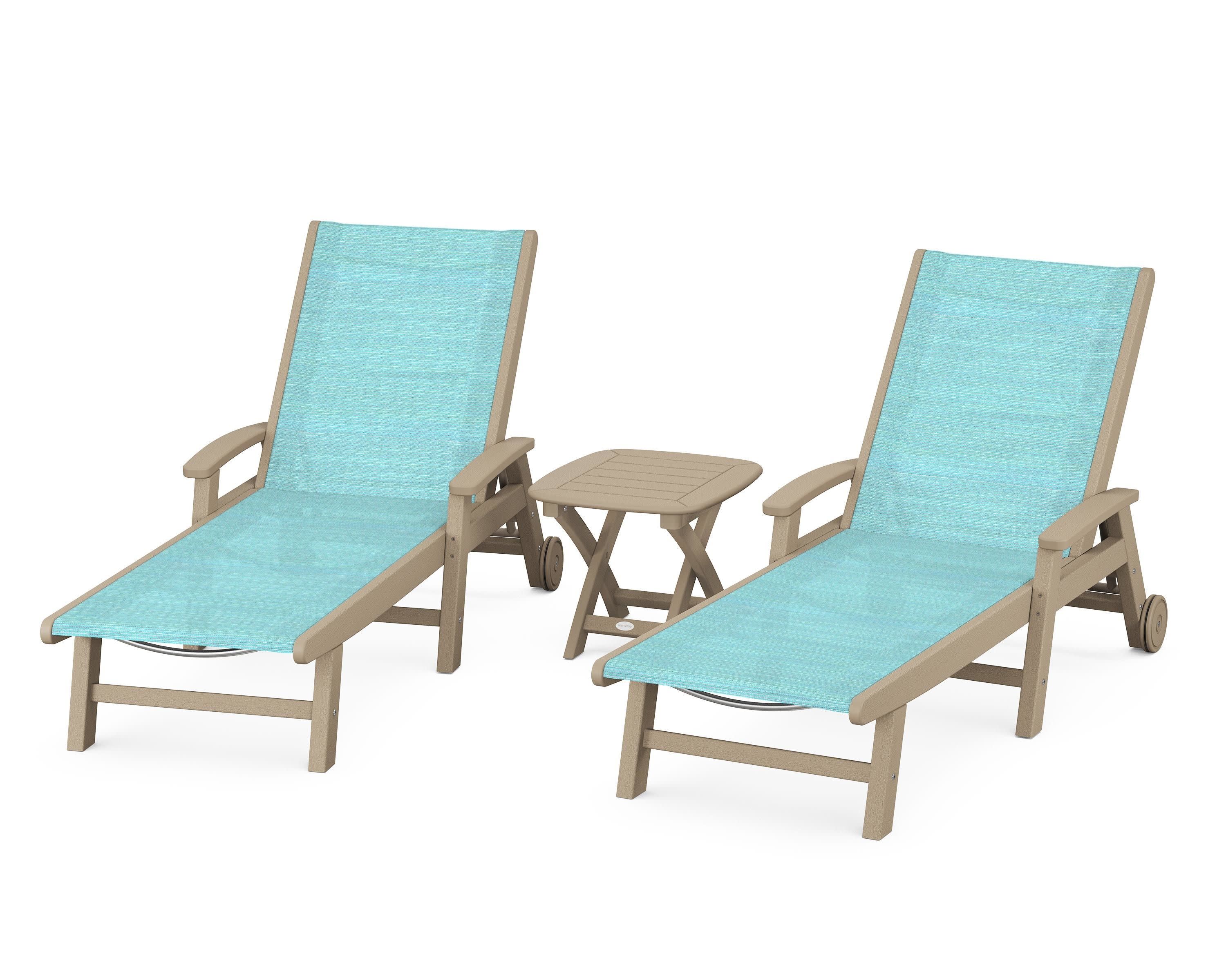 Coastal 3-Piece Wheeled Chaise Set in Vintage Sahara / Dupioni Aquamarine Sling