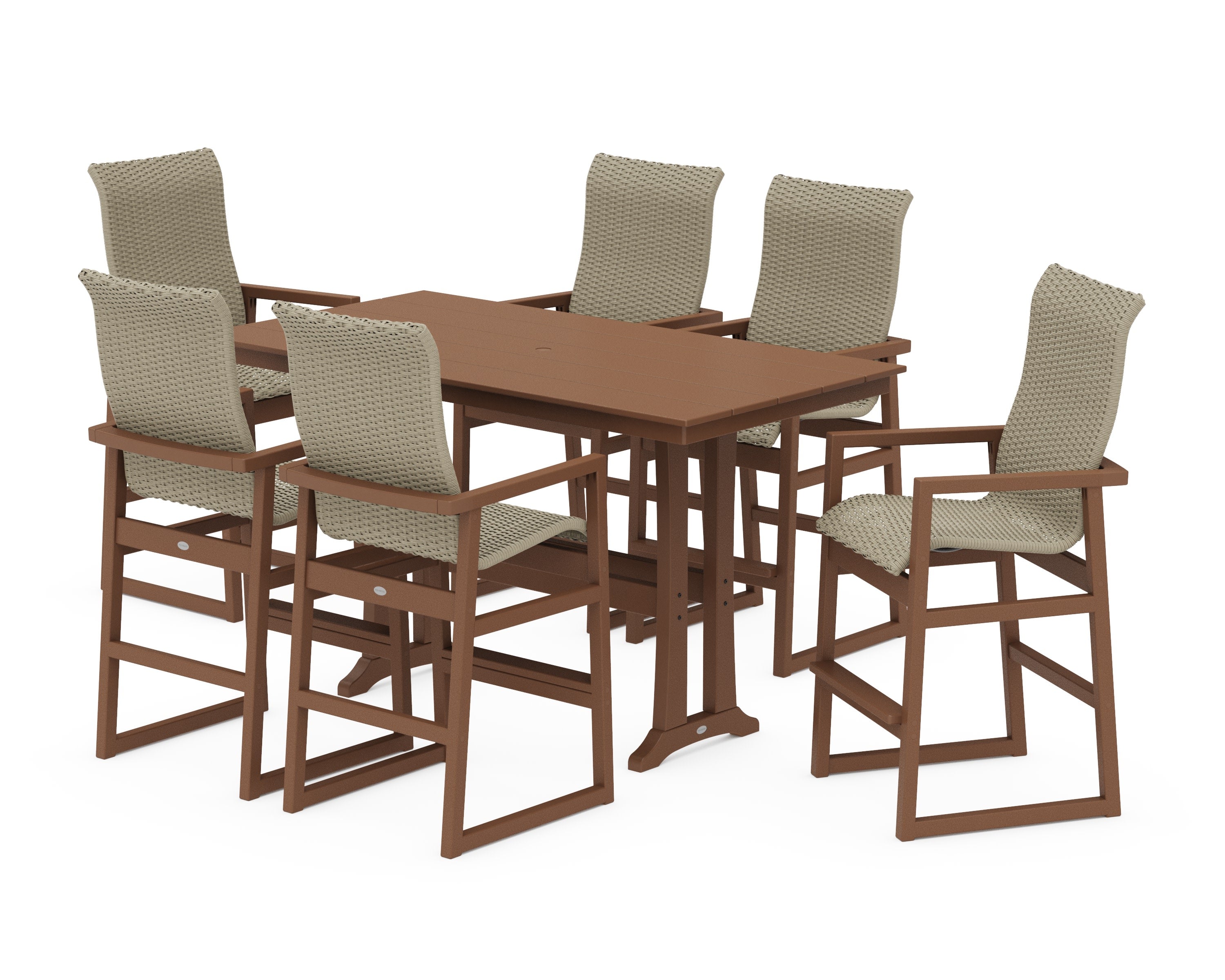 EDGE Woven Highback Arm Chair 7-Piece Farmhouse Bar Set with Trestle Legs in Teak / Dune Grass