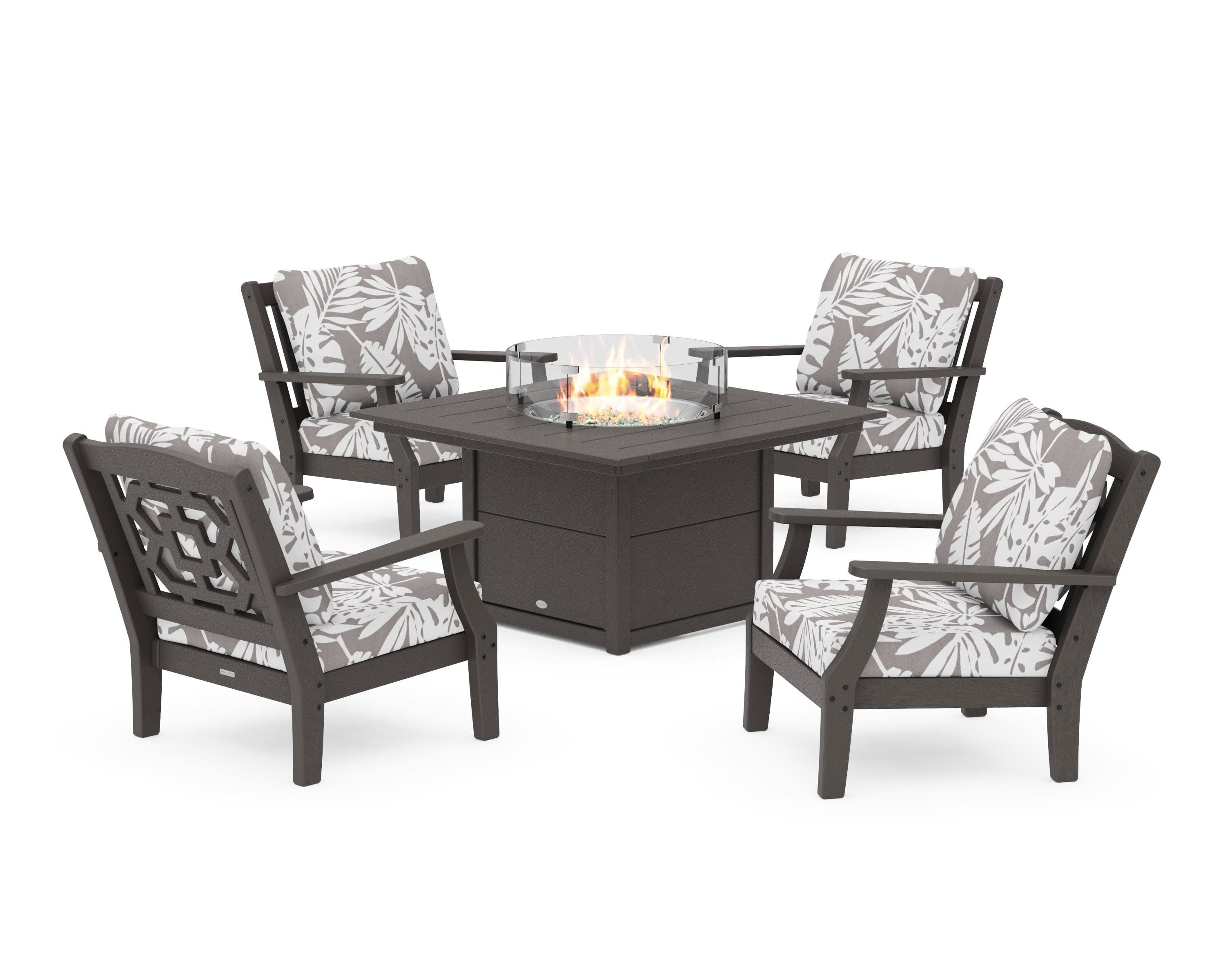 Chinoiserie 5-Piece Deep Seating Set with Fire Pit Table in Vintage Coffee / Leaf Grey Mist