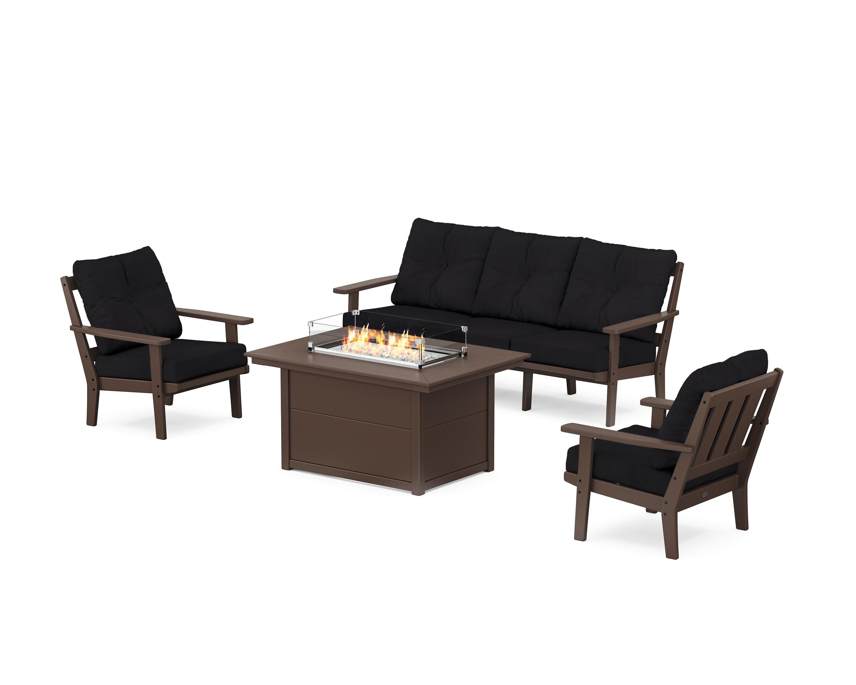 Oxford Deep Seating Fire Pit Table Set in Mahogany / Midnight Linen