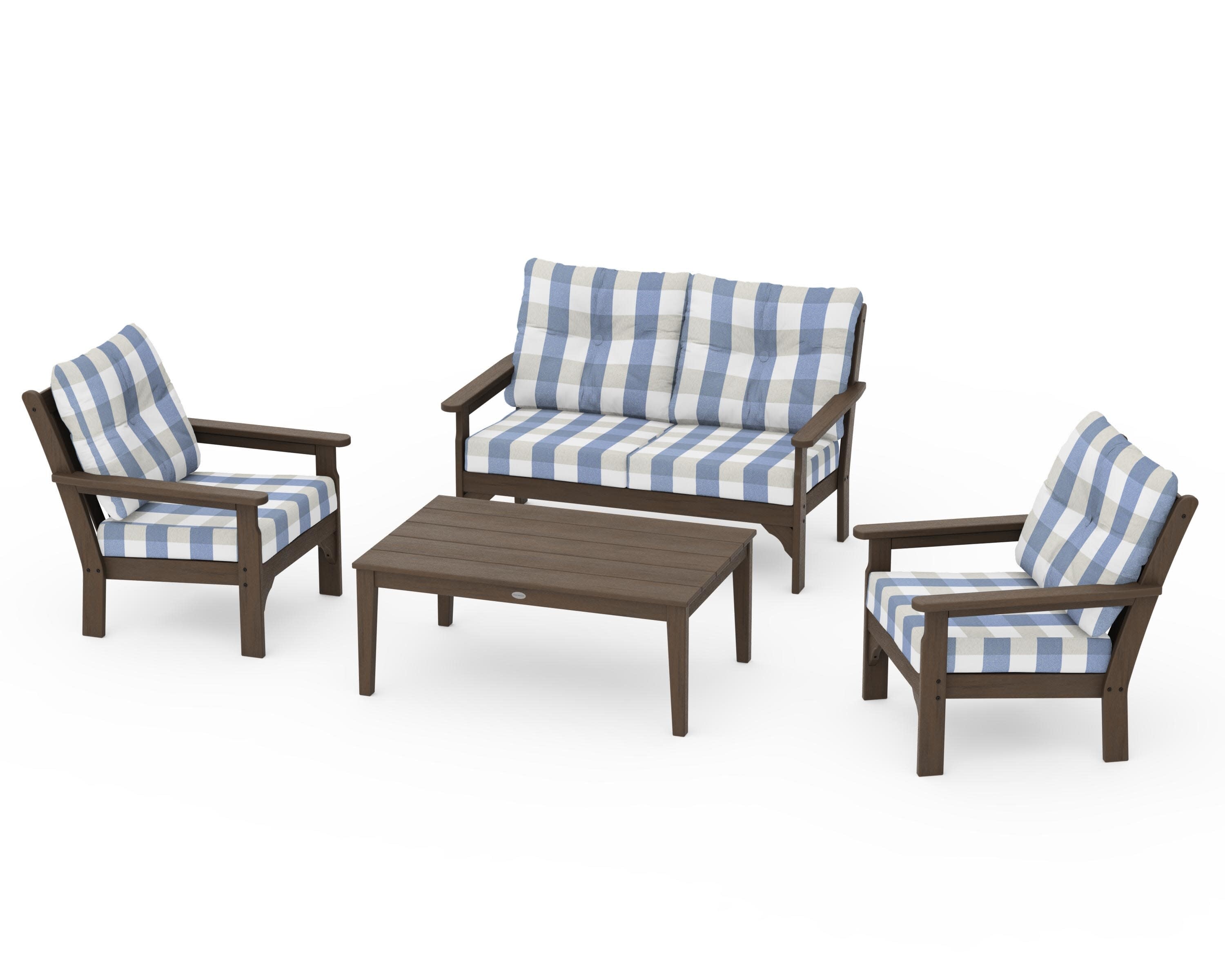 Vineyard 4-Piece Deep Seating Set in Kona / Buffalo Plaid Sky Blue