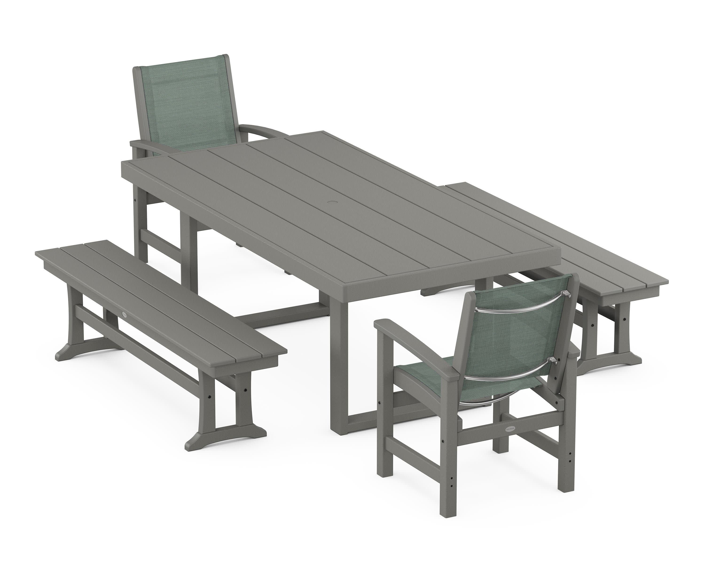 Coastal 5-Piece Dining Set with Trestle Legs in Slate Grey / Dupioni Sea Mist Sling