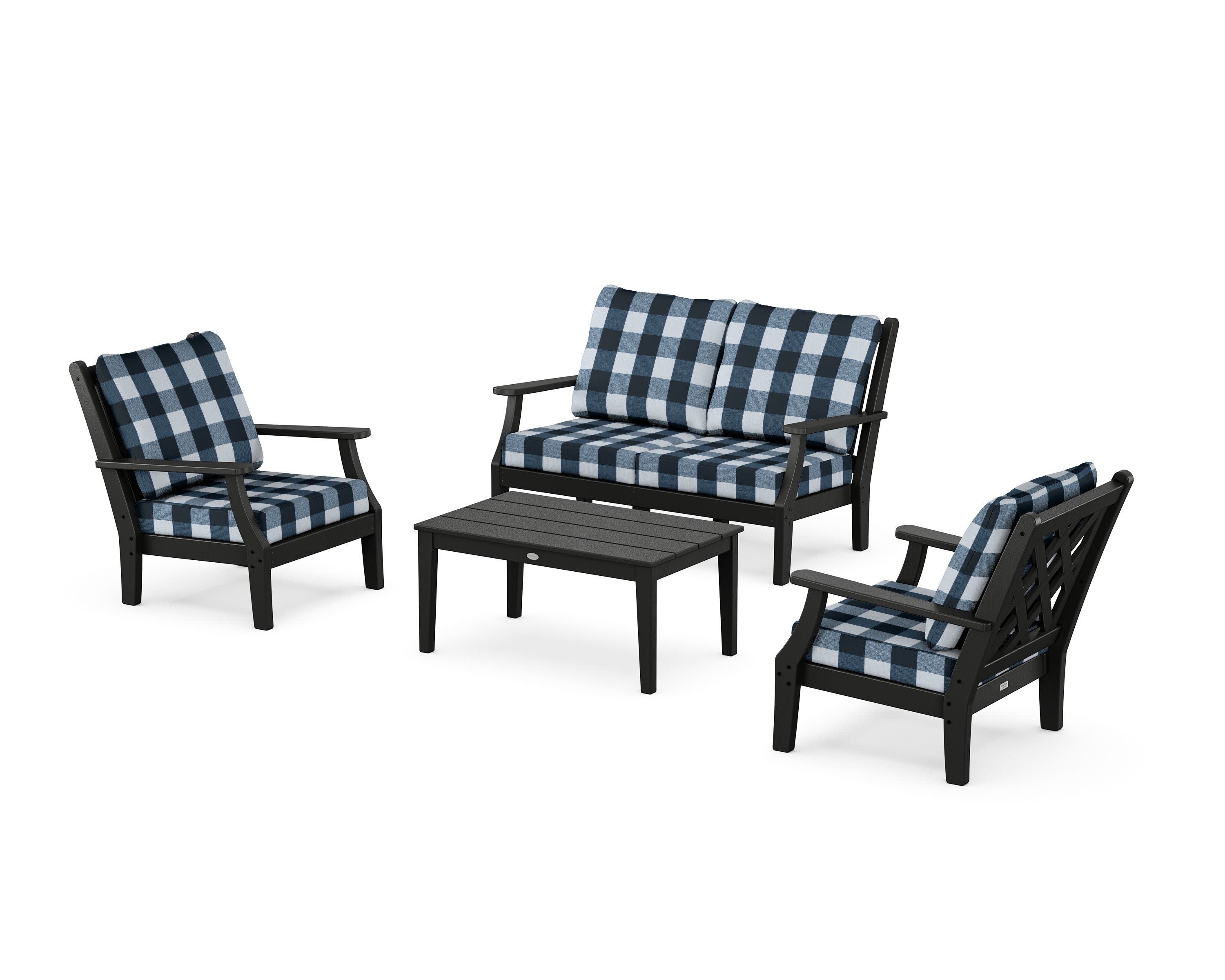 Wovendale 4-Piece Deep Seating Set with Loveseat in Black / Buffalo Plaid Marine Indigo