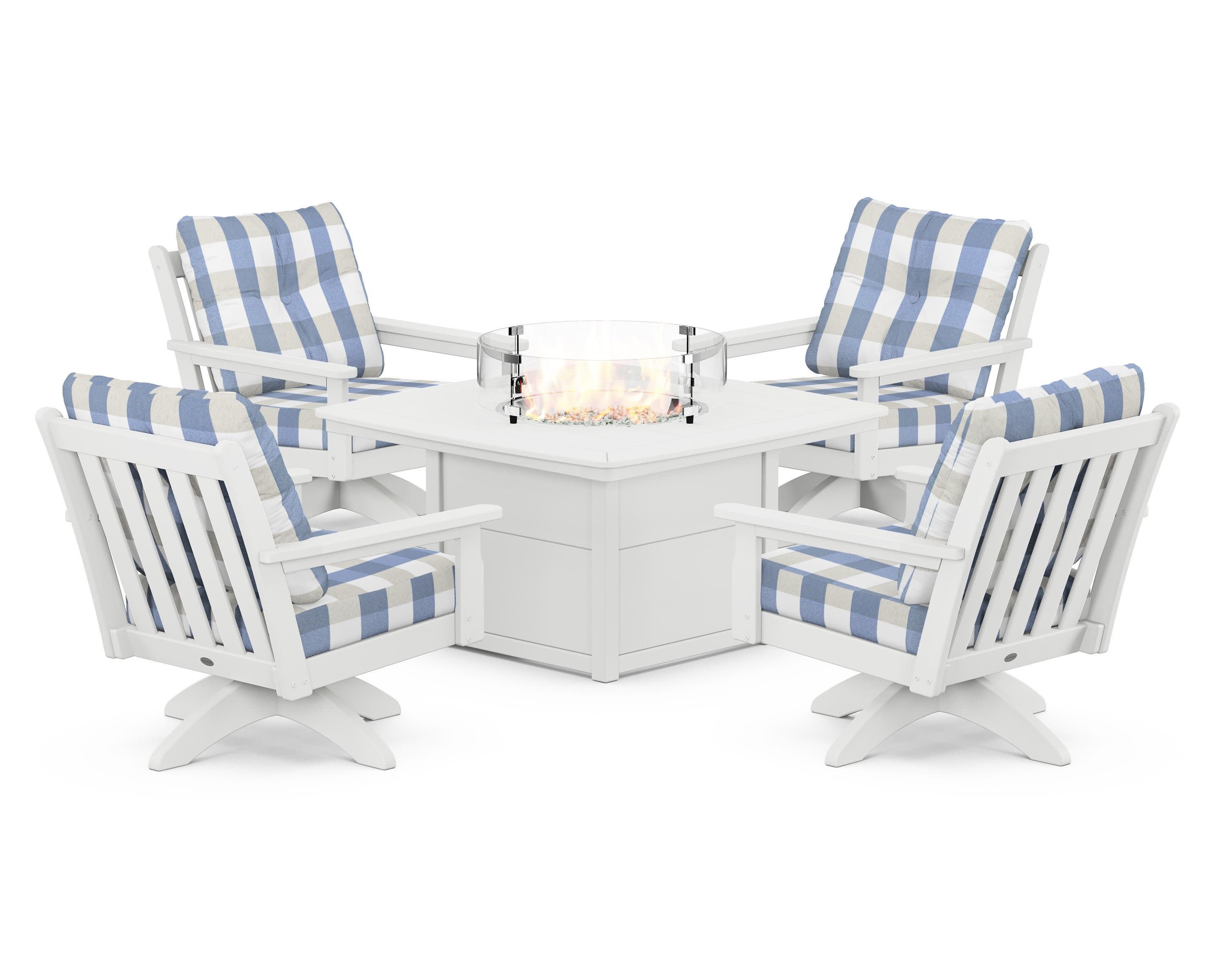 Vineyard 5-Piece Deep Seating Swivel Conversation Set with Fire Pit Table in White / Buffalo Plaid Sky Blue