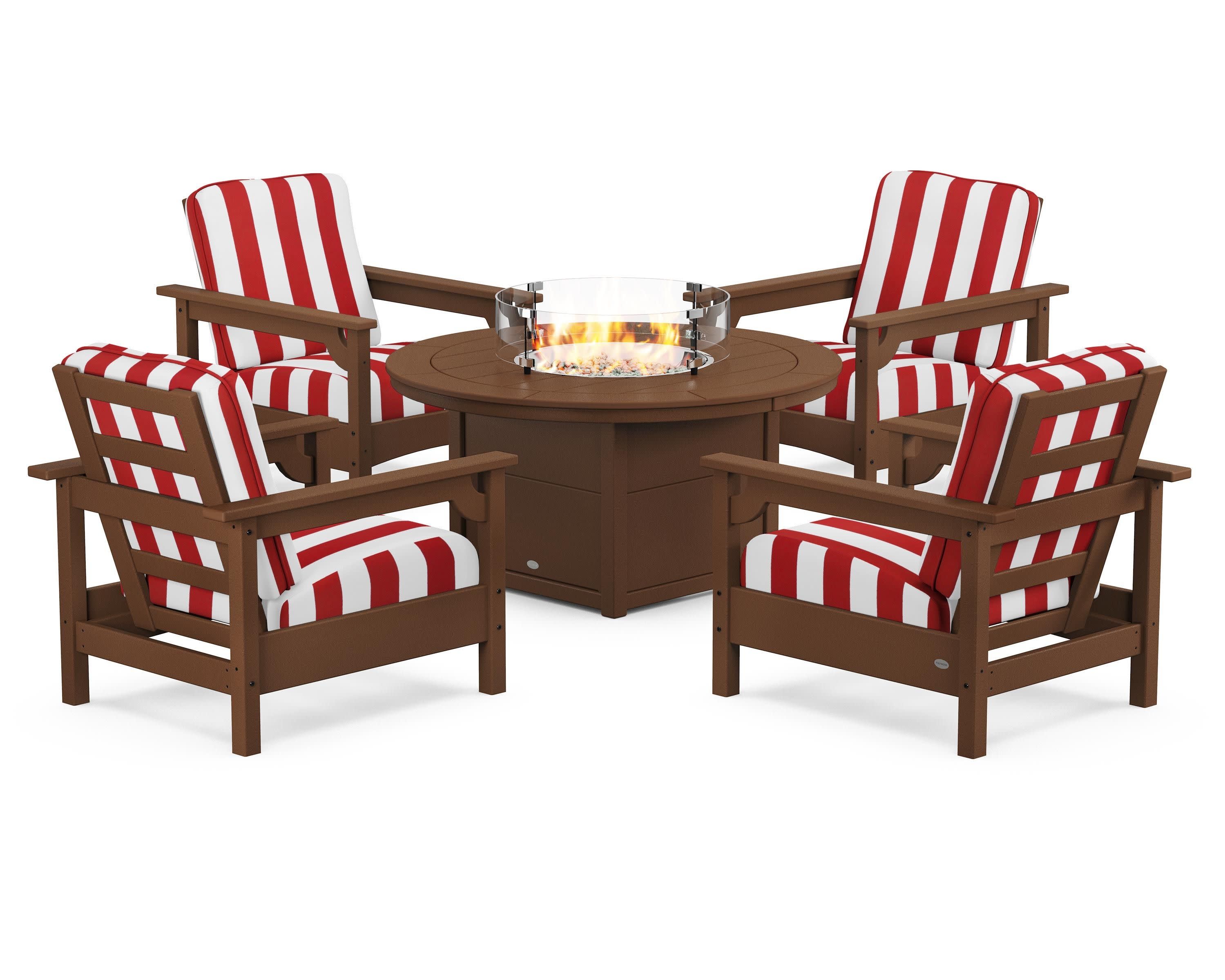 Club 5-Piece Conversation Set with Fire Pit Table in Teak / Cabana Stripe Crimson